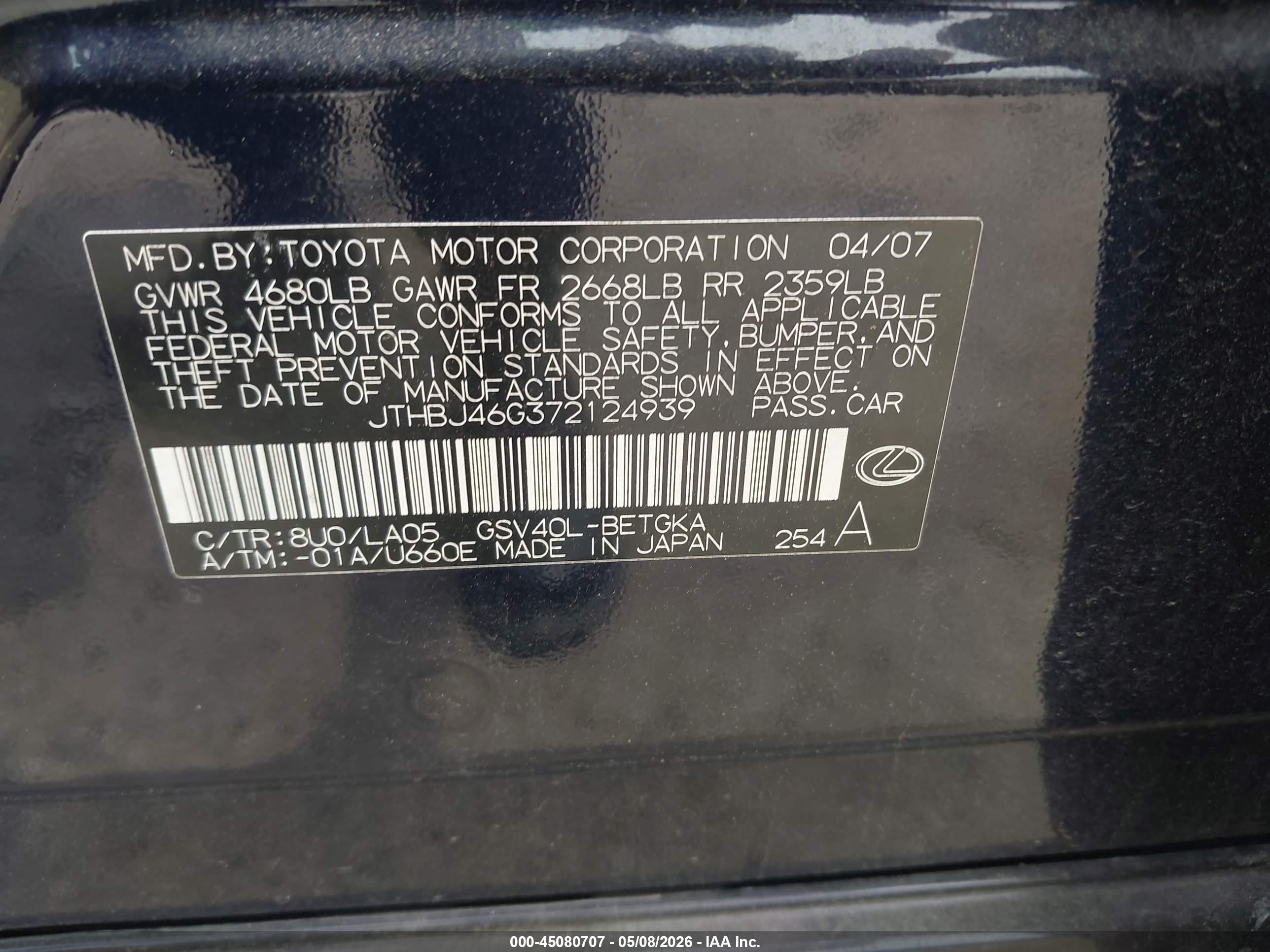 2007 Lexus Es 350   Dark Blue vin: JTHBJ46G372124939