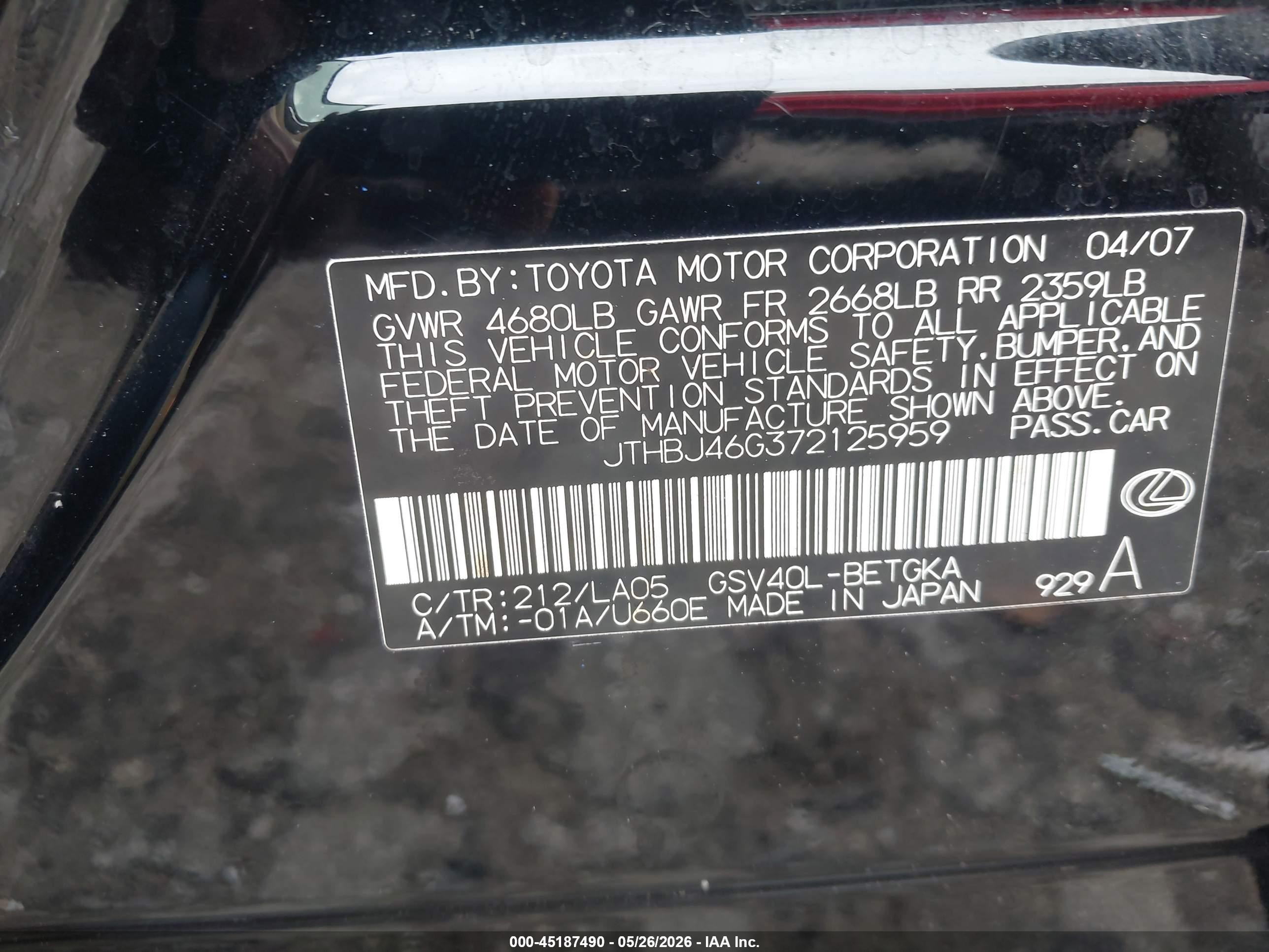 2007 Lexus Es 350   Black vin: JTHBJ46G372125959