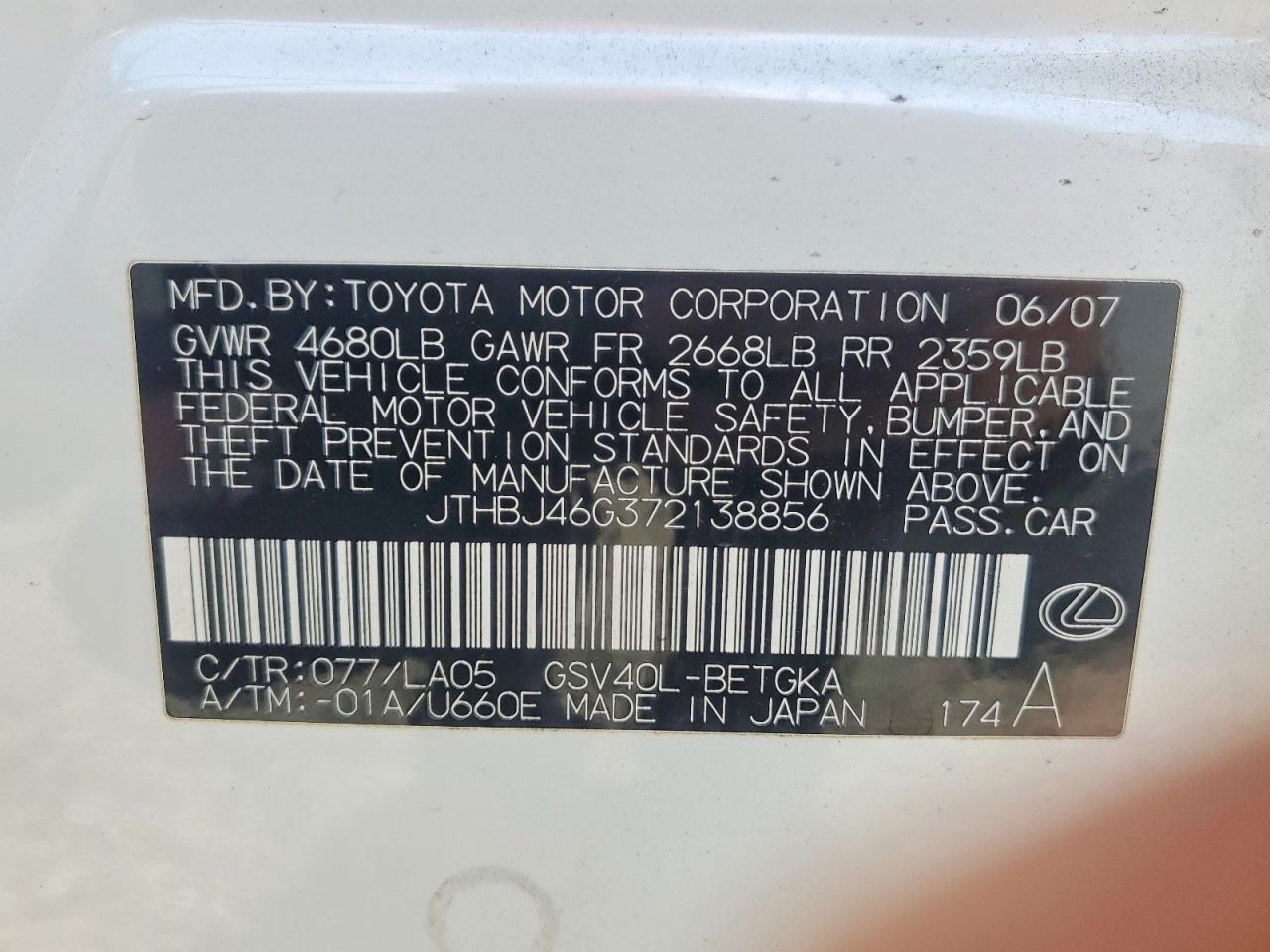2007 Lexus Es 350 Белый vin: JTHBJ46G372138856