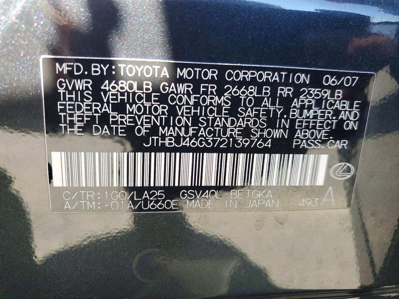 2007 Lexus Es 350 Charcoal vin: JTHBJ46G372139764