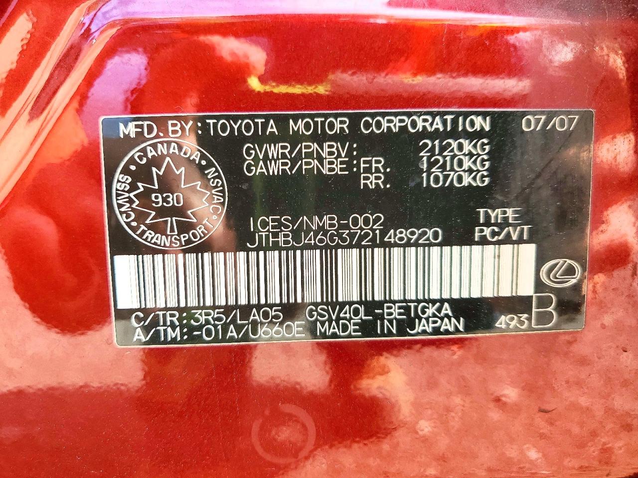 2007 Lexus Es 350 Burgundy vin: JTHBJ46G372148920