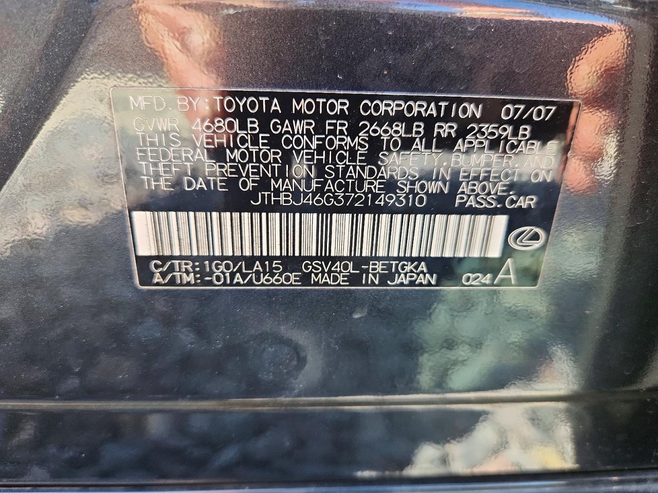 2007 Lexus Es 350 Black vin: JTHBJ46G372149310