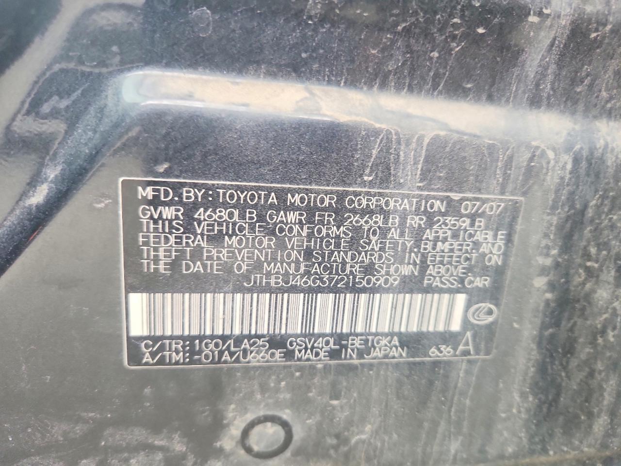 2007 Lexus Es 350 Gray vin: JTHBJ46G372150909