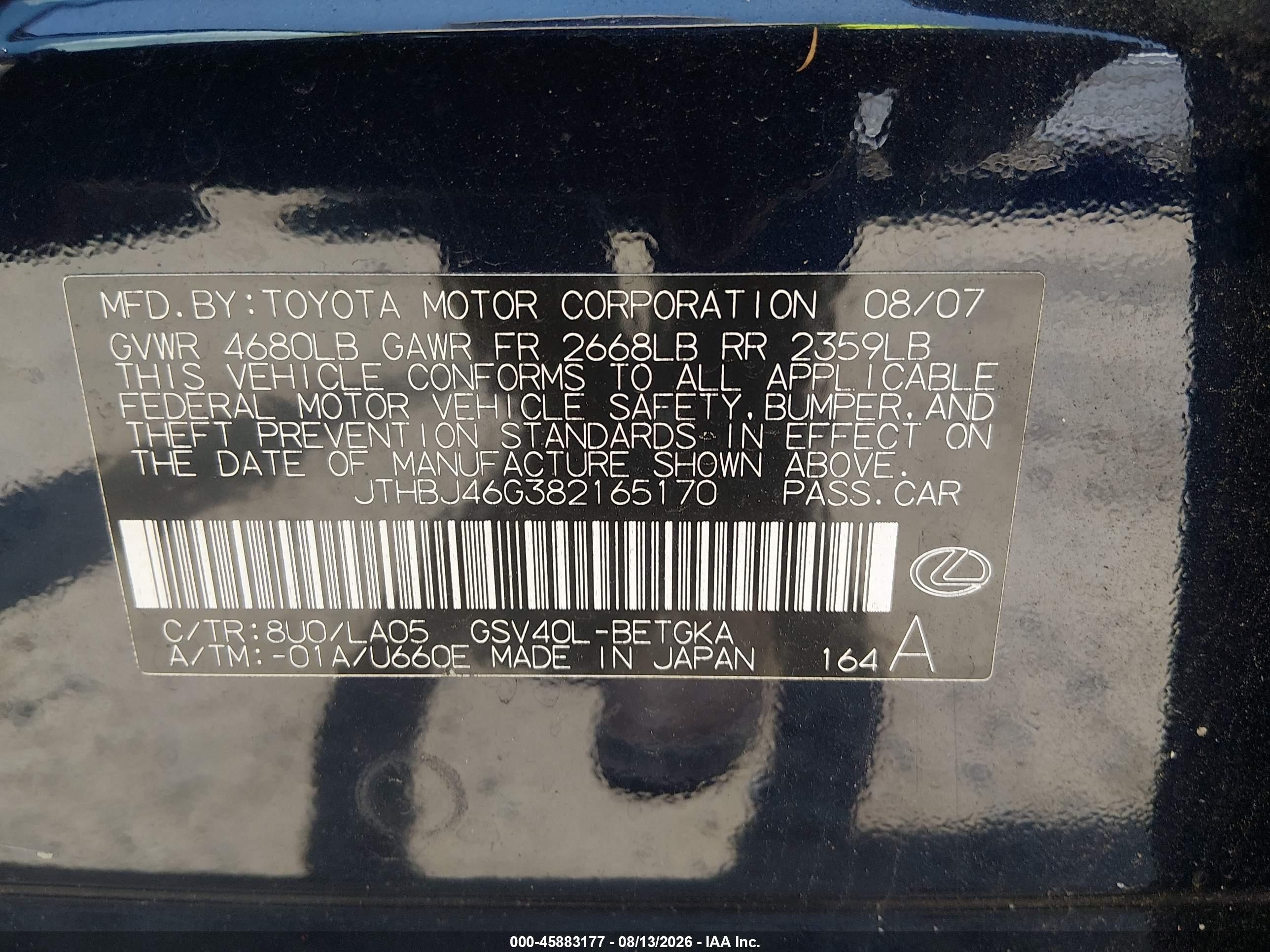 2008 Lexus Es 350   Blue vin: JTHBJ46G382165170