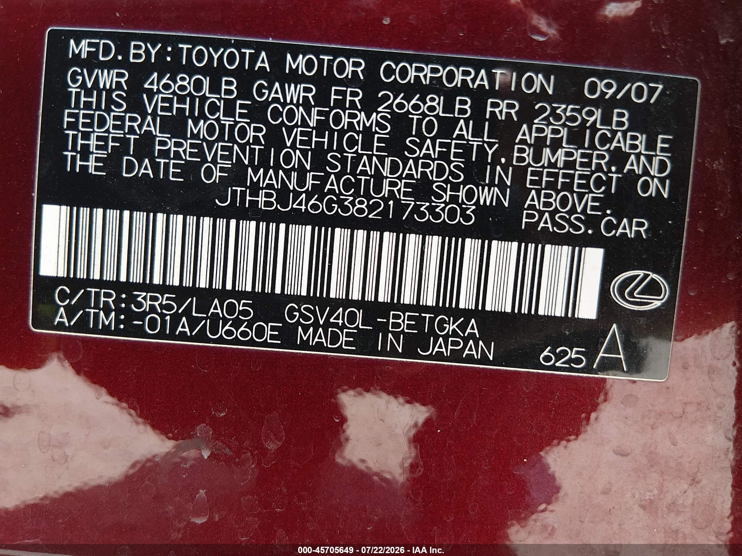 2008 Lexus Es 350   Maroon vin: JTHBJ46G382173303