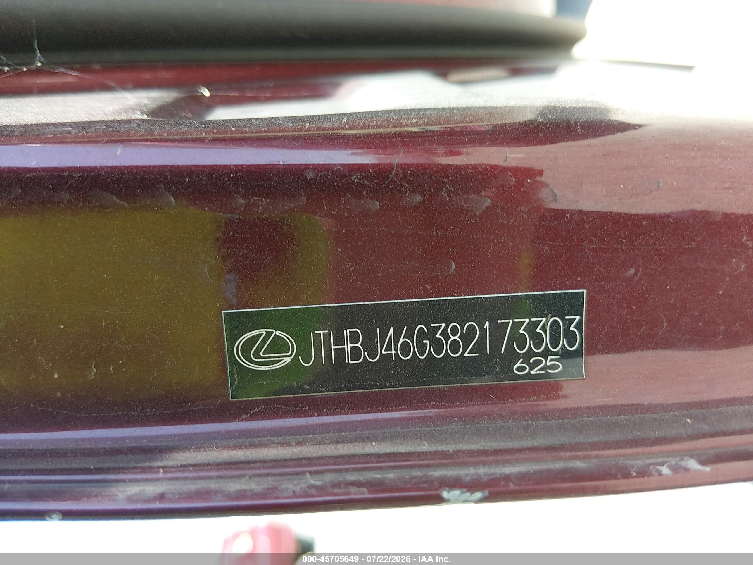 2008 Lexus Es 350   Maroon vin: JTHBJ46G382173303