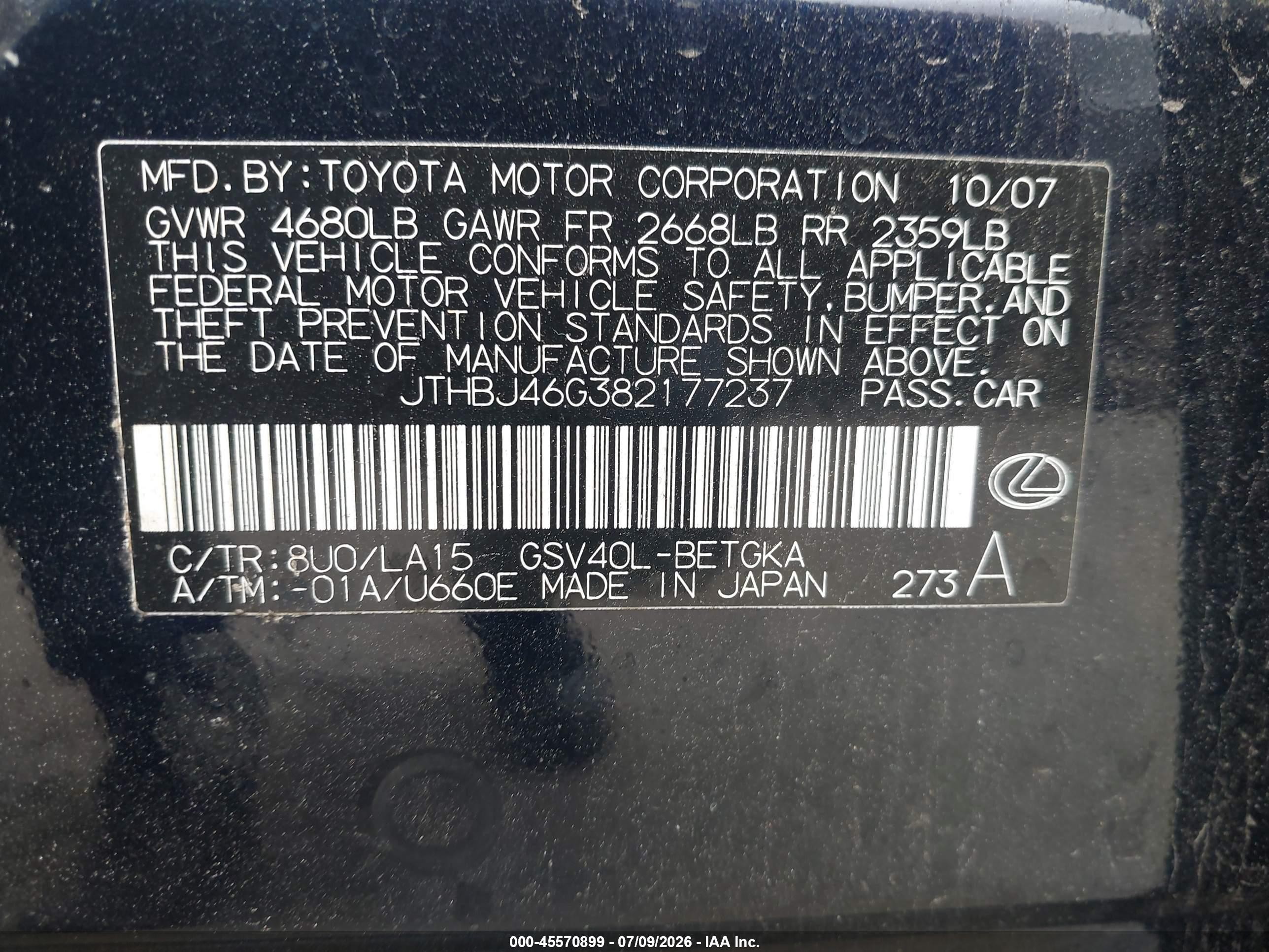 2008 Lexus Es 350   Blue vin: JTHBJ46G382177237
