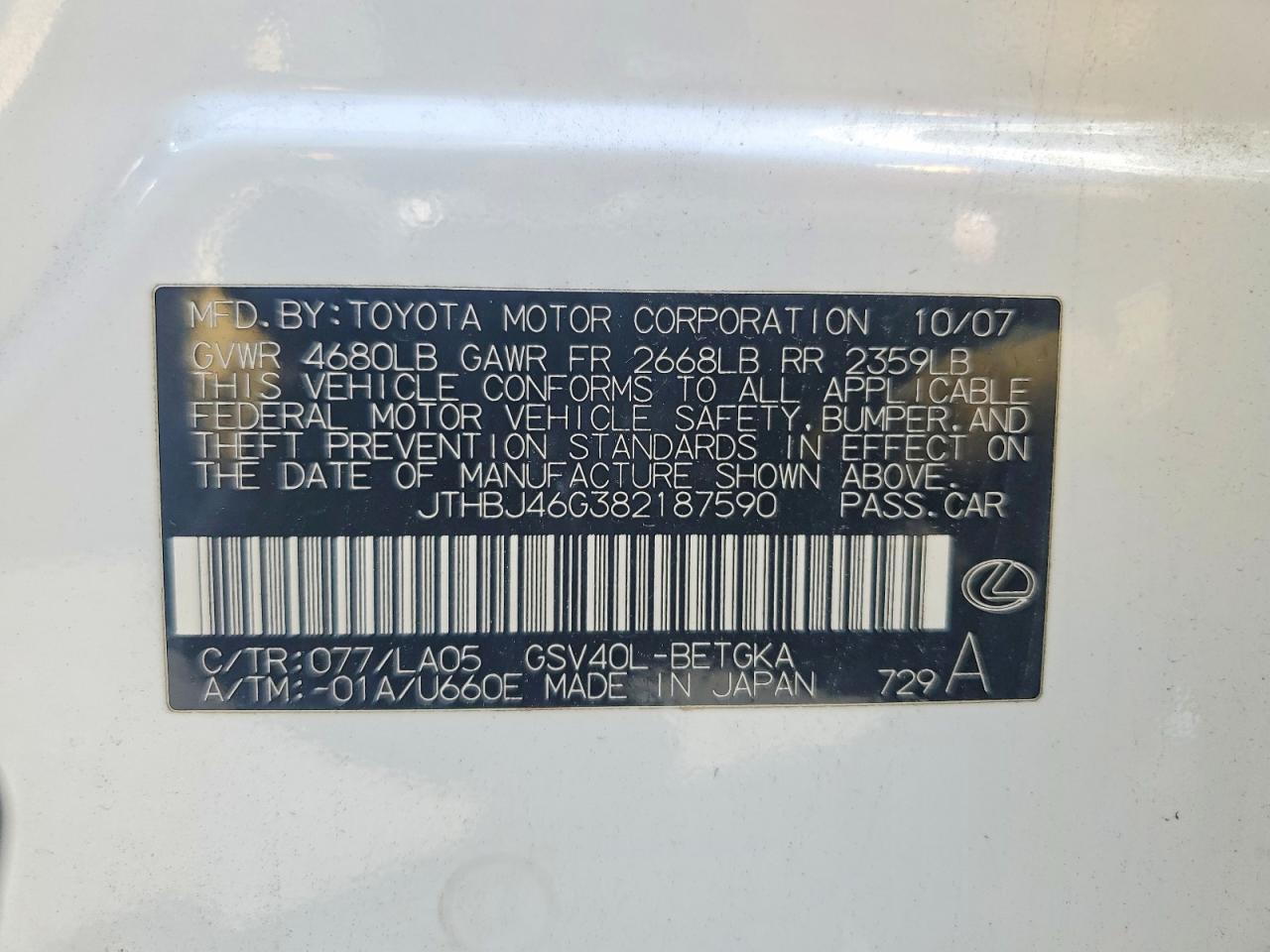 2008 Lexus Es 350 White vin: JTHBJ46G382187590
