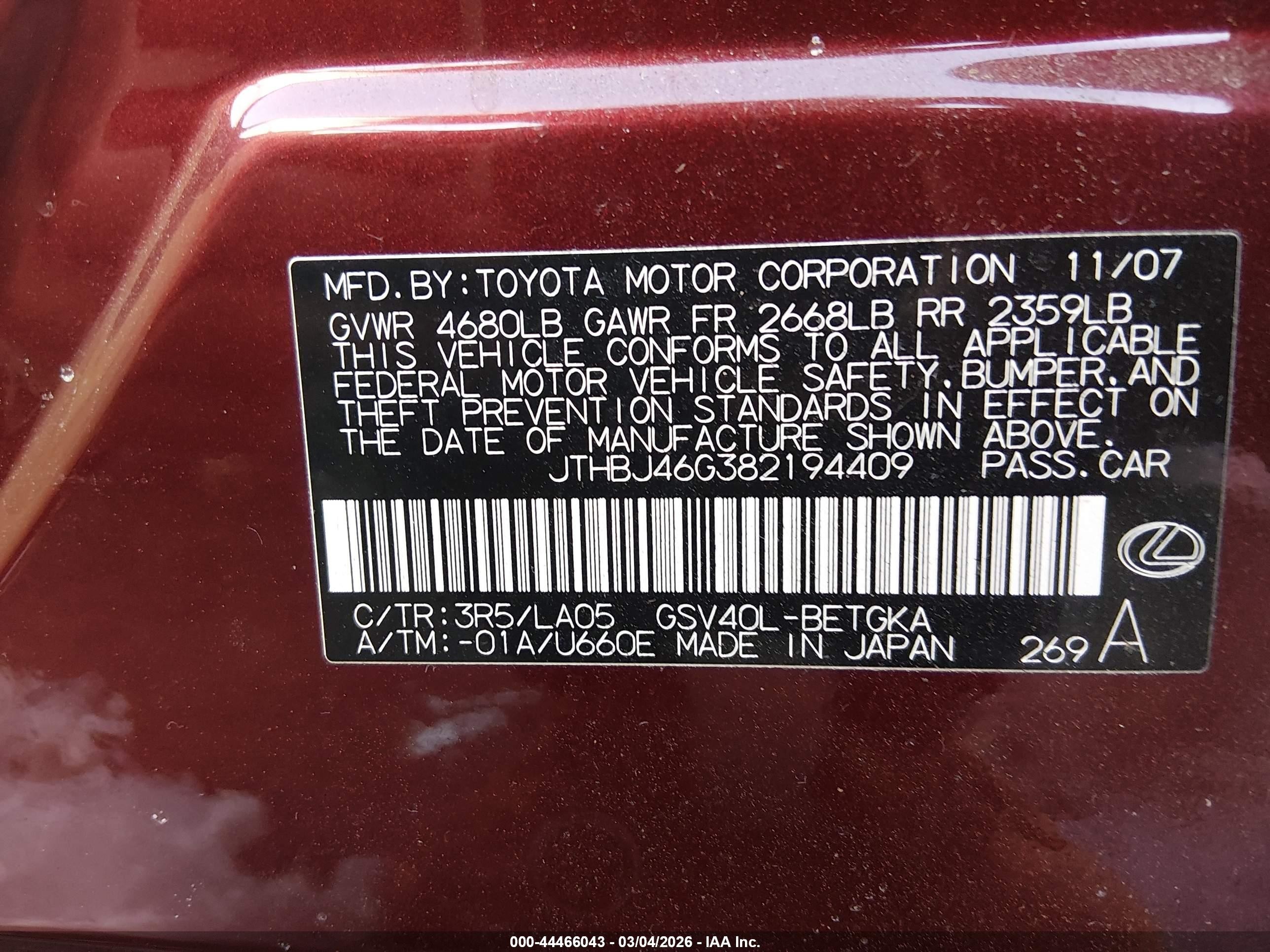 2008 Lexus Es 350 Красный vin: JTHBJ46G382194409