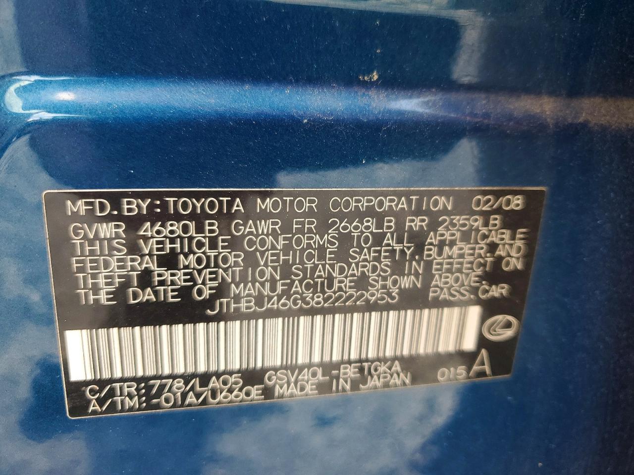 2008 Lexus Es 350 Blue vin: JTHBJ46G382222953
