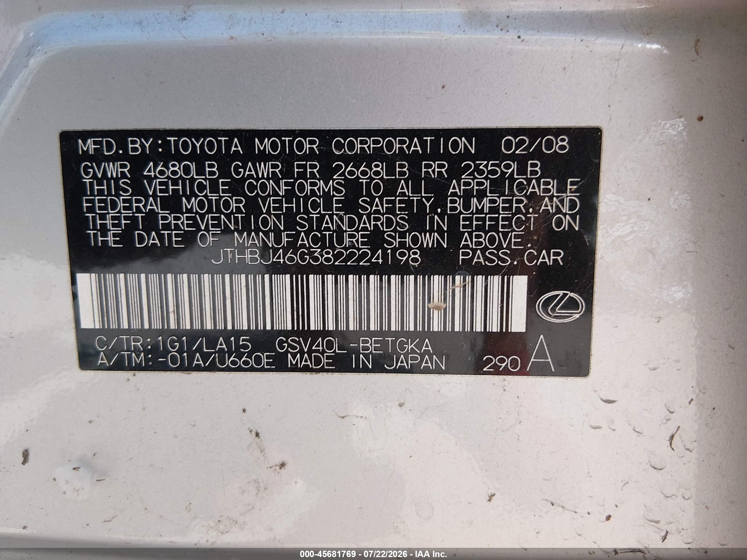 2008 Lexus Es 350 Silver vin: JTHBJ46G382224198