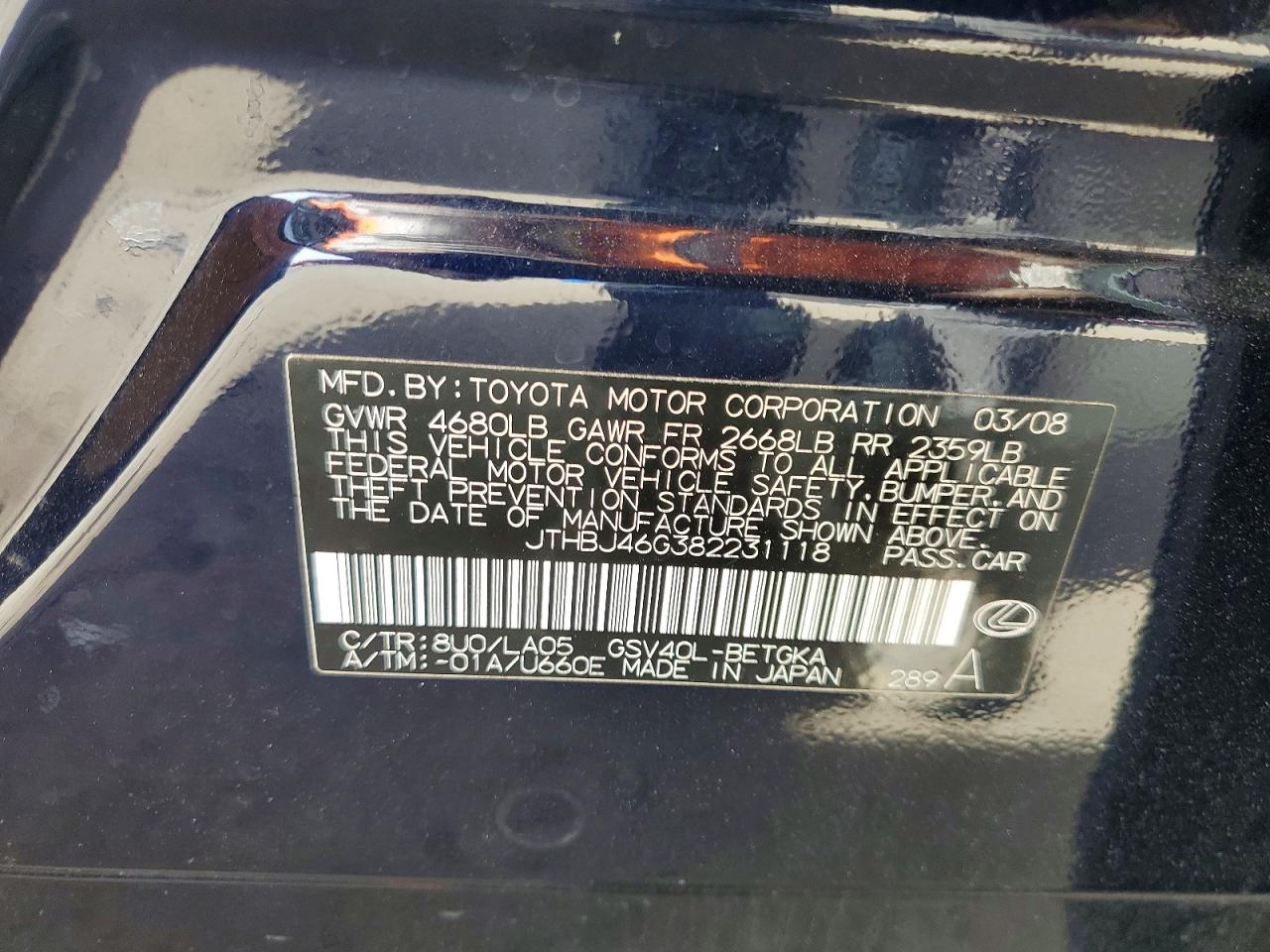 2008 Lexus Es 350 Синий vin: JTHBJ46G382231118