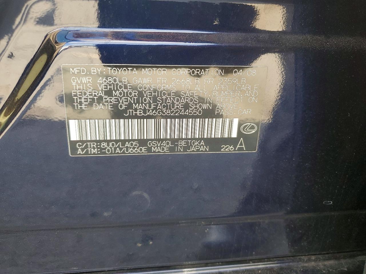 2008 Lexus Es 350 Blue vin: JTHBJ46G382244550