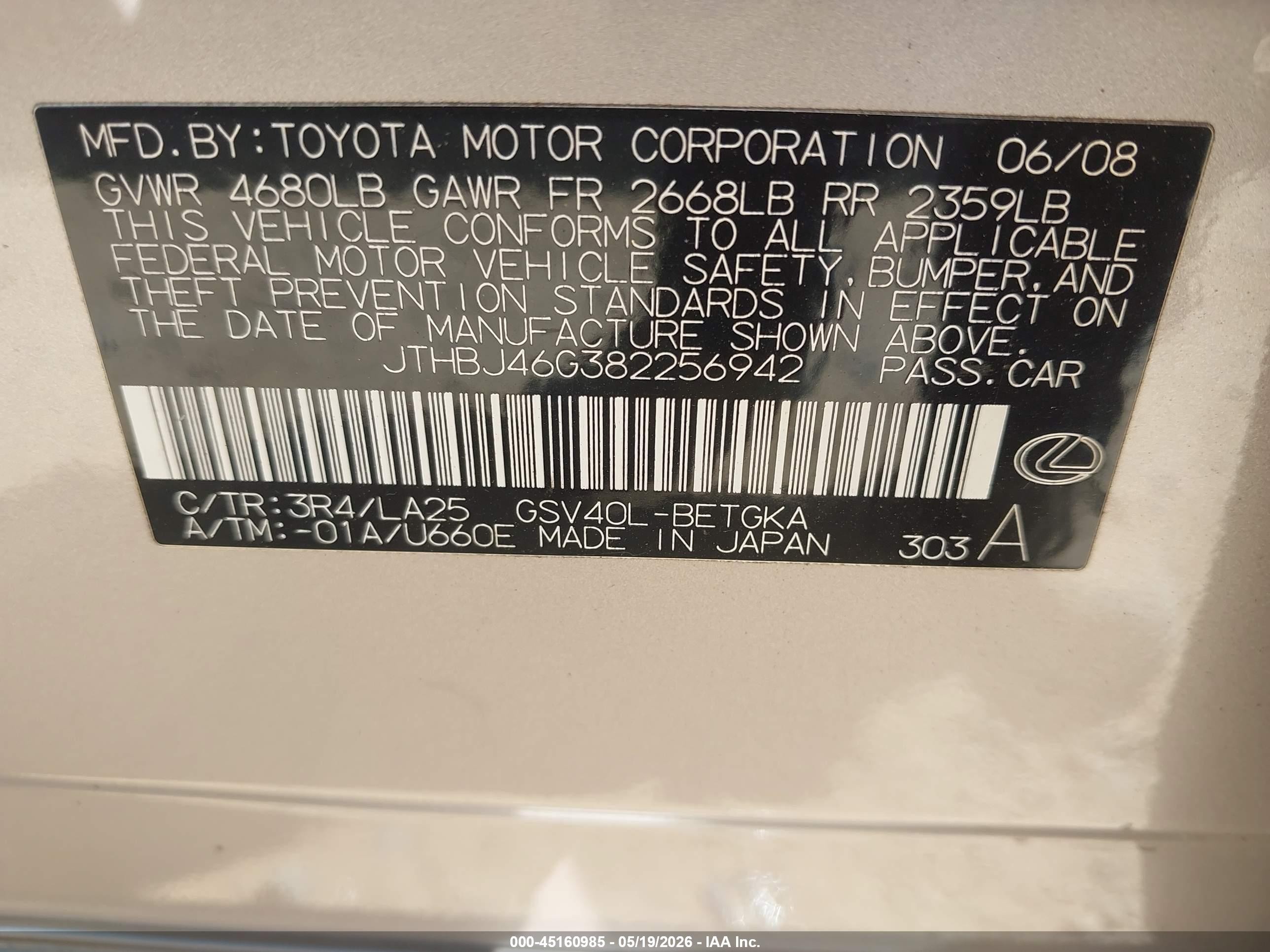 2008 Lexus Es 350 Champagne vin: JTHBJ46G382256942