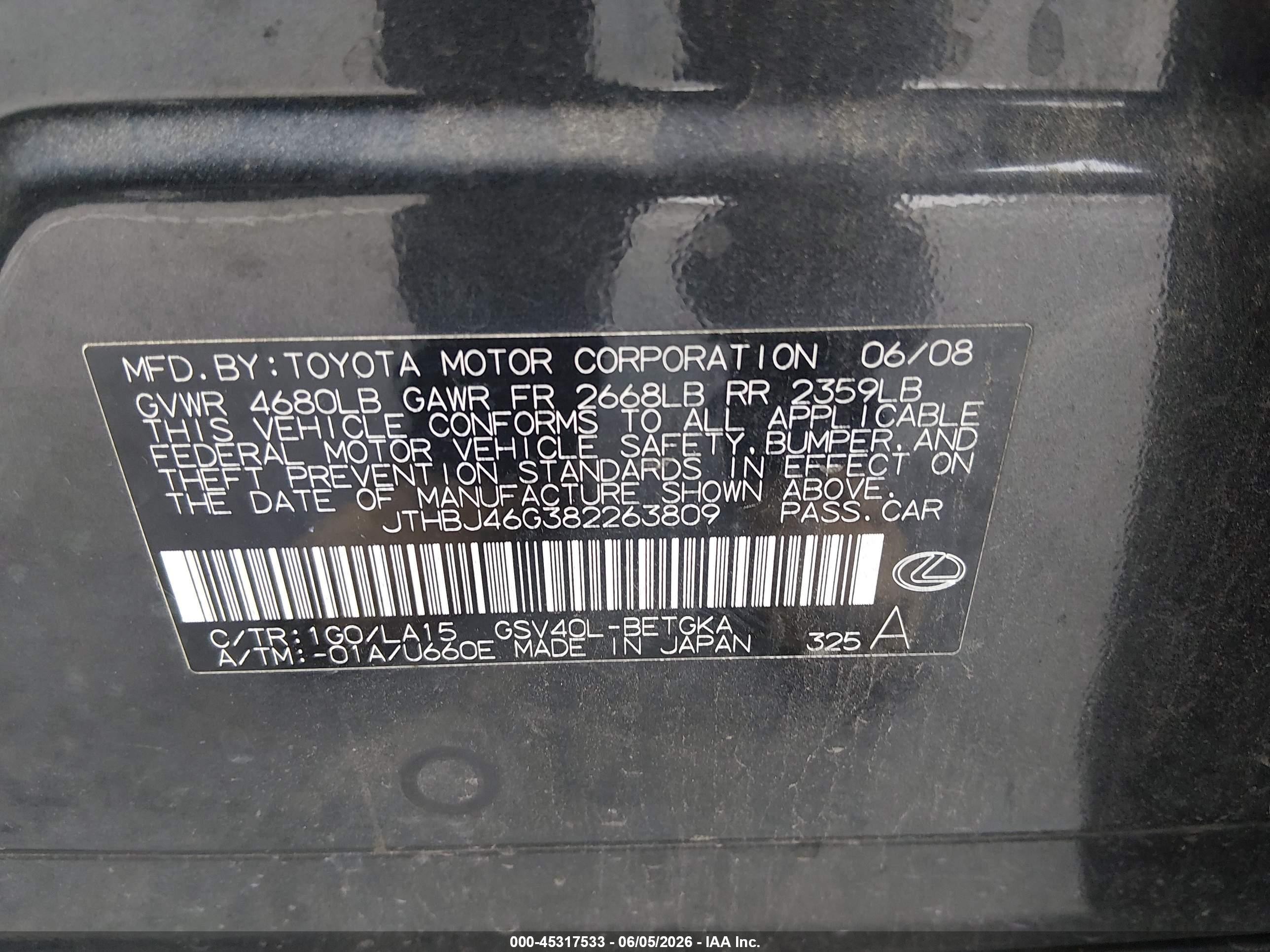 2008 Lexus Es 350   Black vin: JTHBJ46G382263809