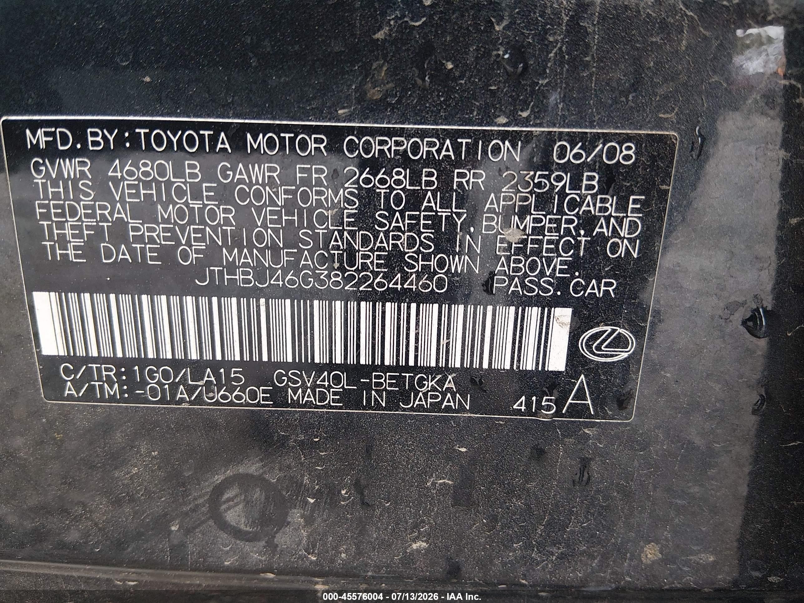 2008 Lexus Es 350   Black vin: JTHBJ46G382264460