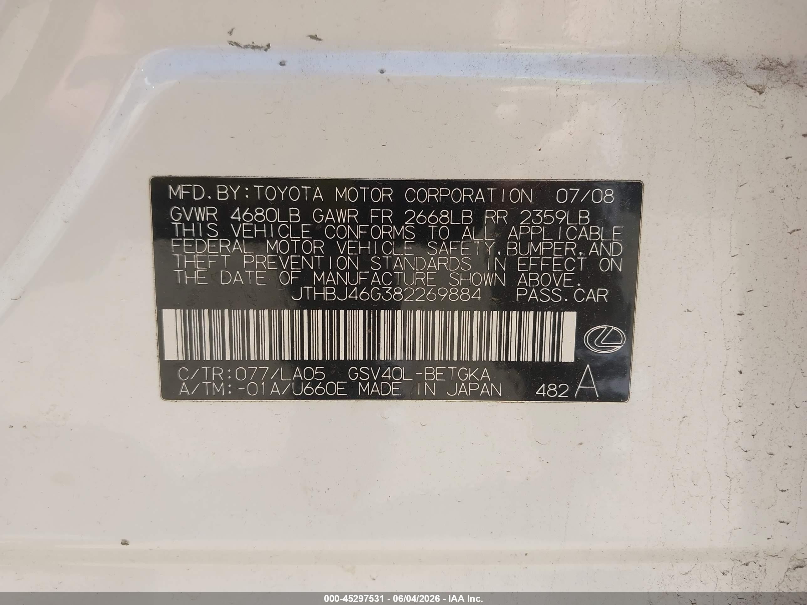 2008 Lexus Es 350   White vin: JTHBJ46G382269884
