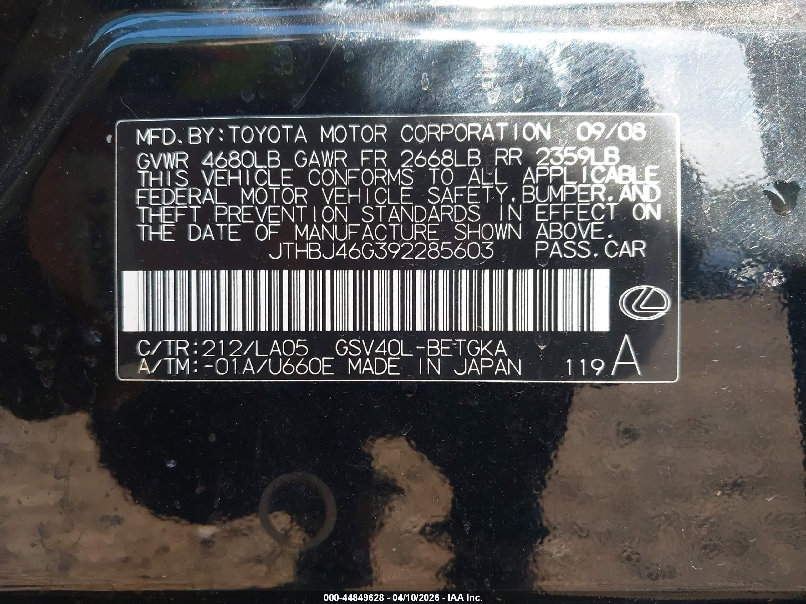 2009 Lexus Es 350   Black vin: JTHBJ46G392285603