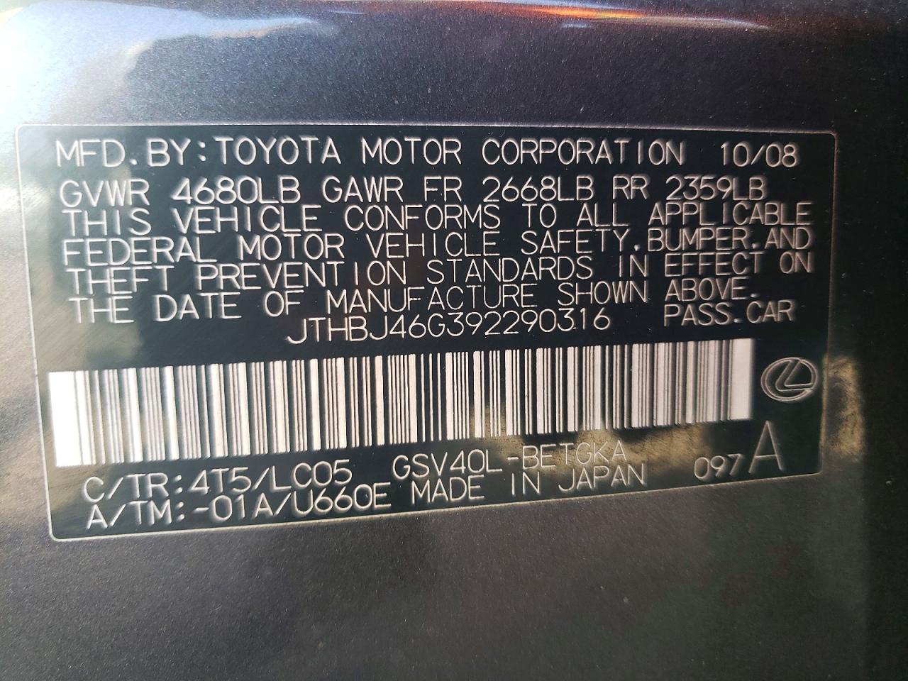 2009 Lexus Es 350 Black vin: JTHBJ46G392290316