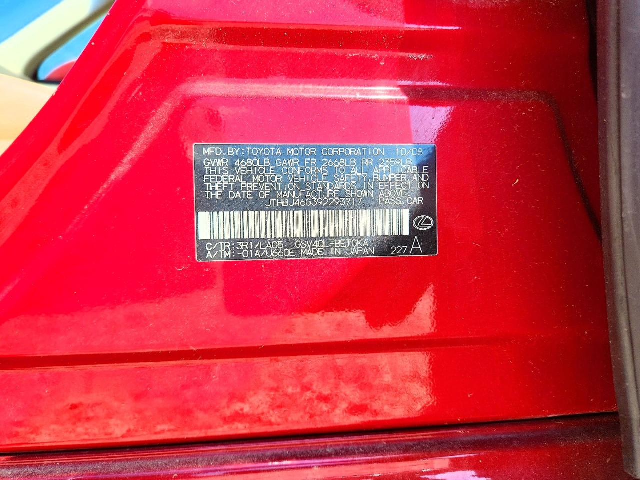2009 Lexus Es 350 Red vin: JTHBJ46G392293717