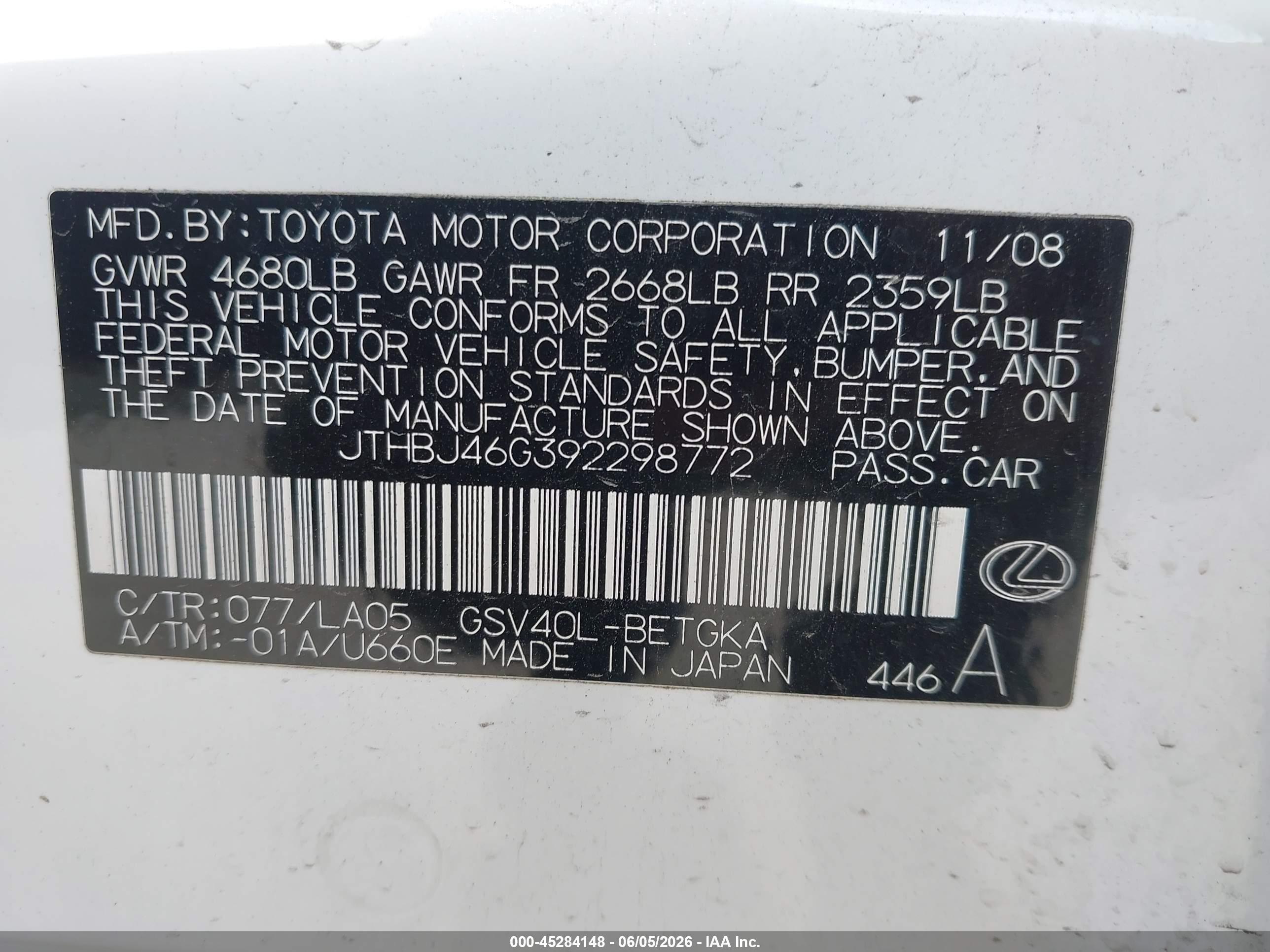 2009 Lexus Es 350   White vin: JTHBJ46G392298772