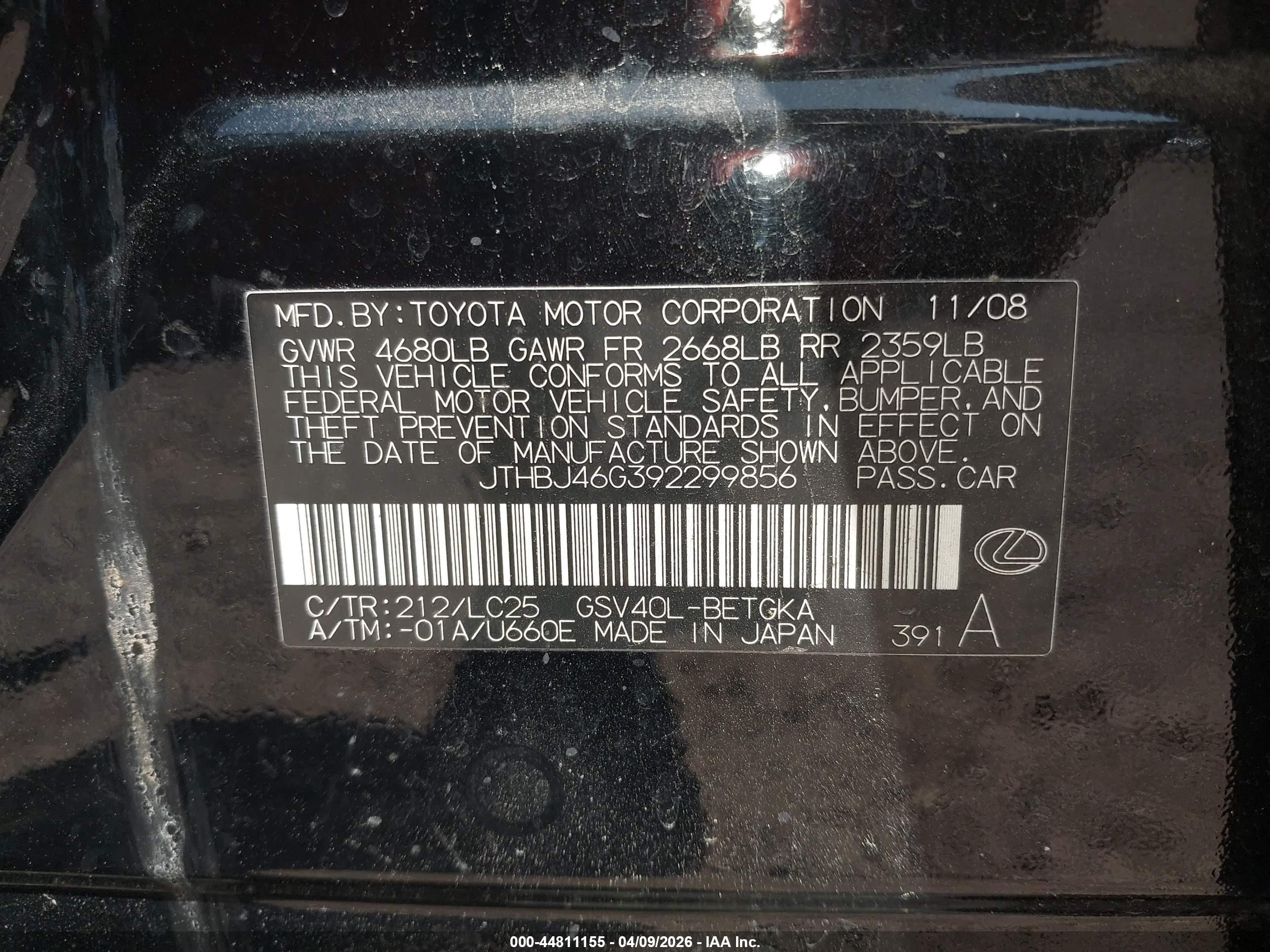 2009 Lexus Es 350 Black vin: JTHBJ46G392299856