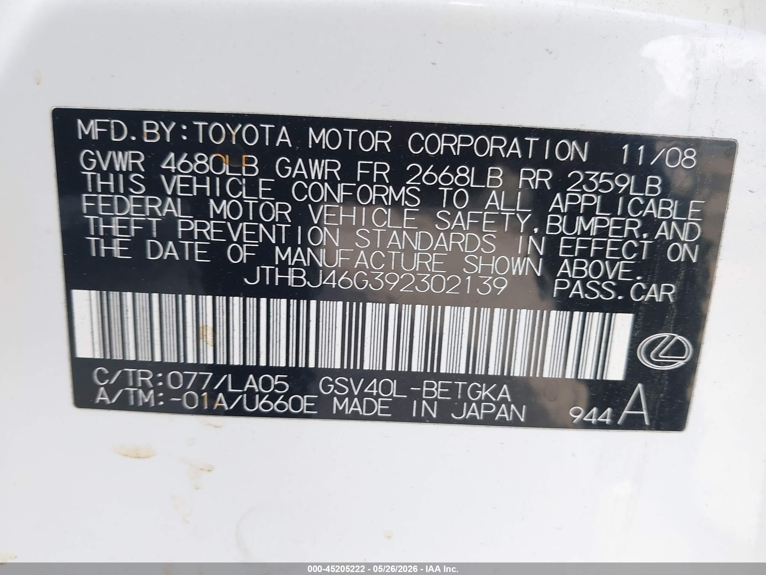 2009 Lexus Es 350 White vin: JTHBJ46G392302139
