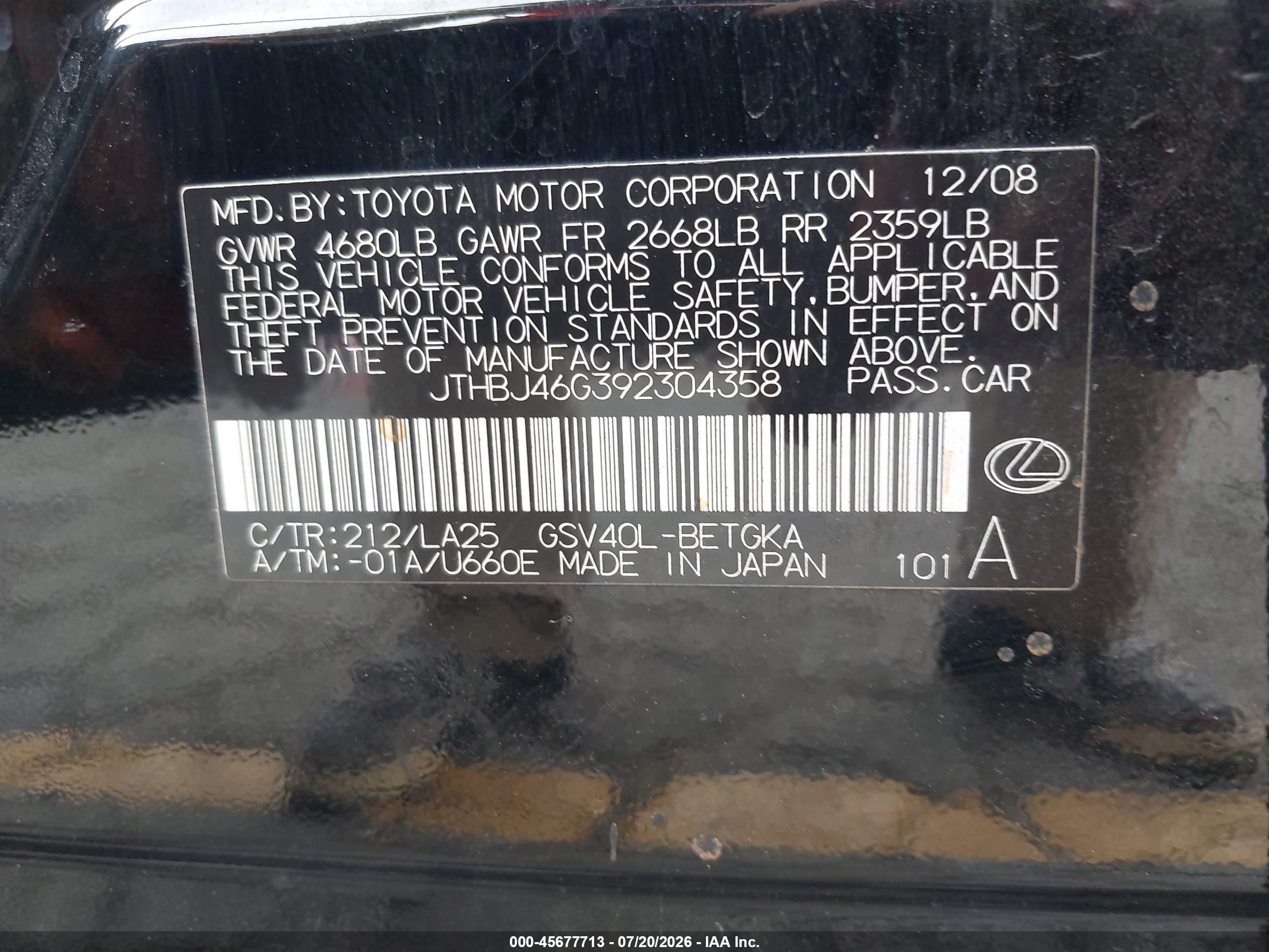 2009 Lexus Es 350   Черный vin: JTHBJ46G392304358