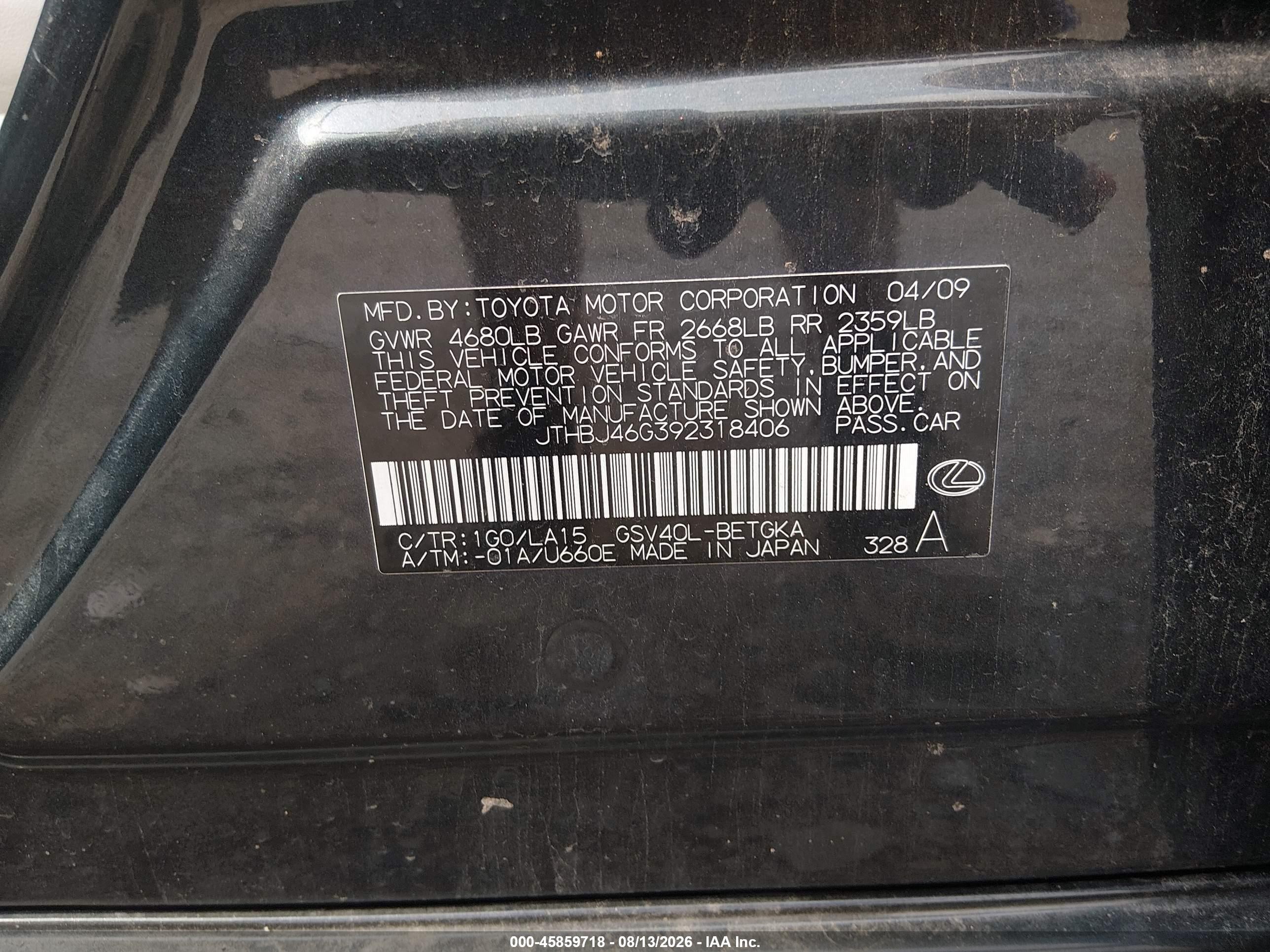 2009 Lexus Es 350 Gray vin: JTHBJ46G392318406