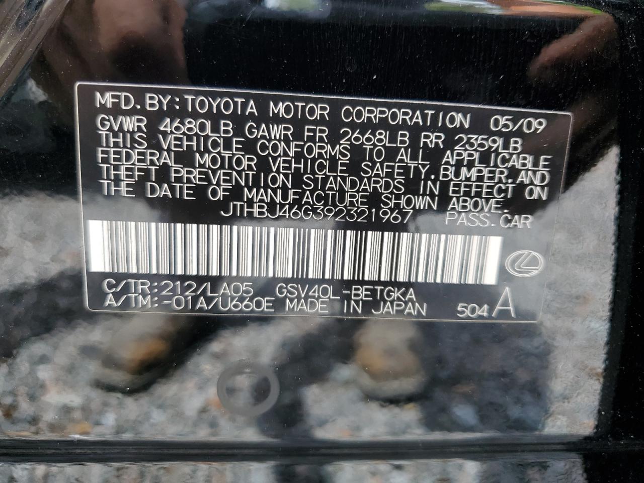 2009 Lexus Es 350 Black vin: JTHBJ46G392321967
