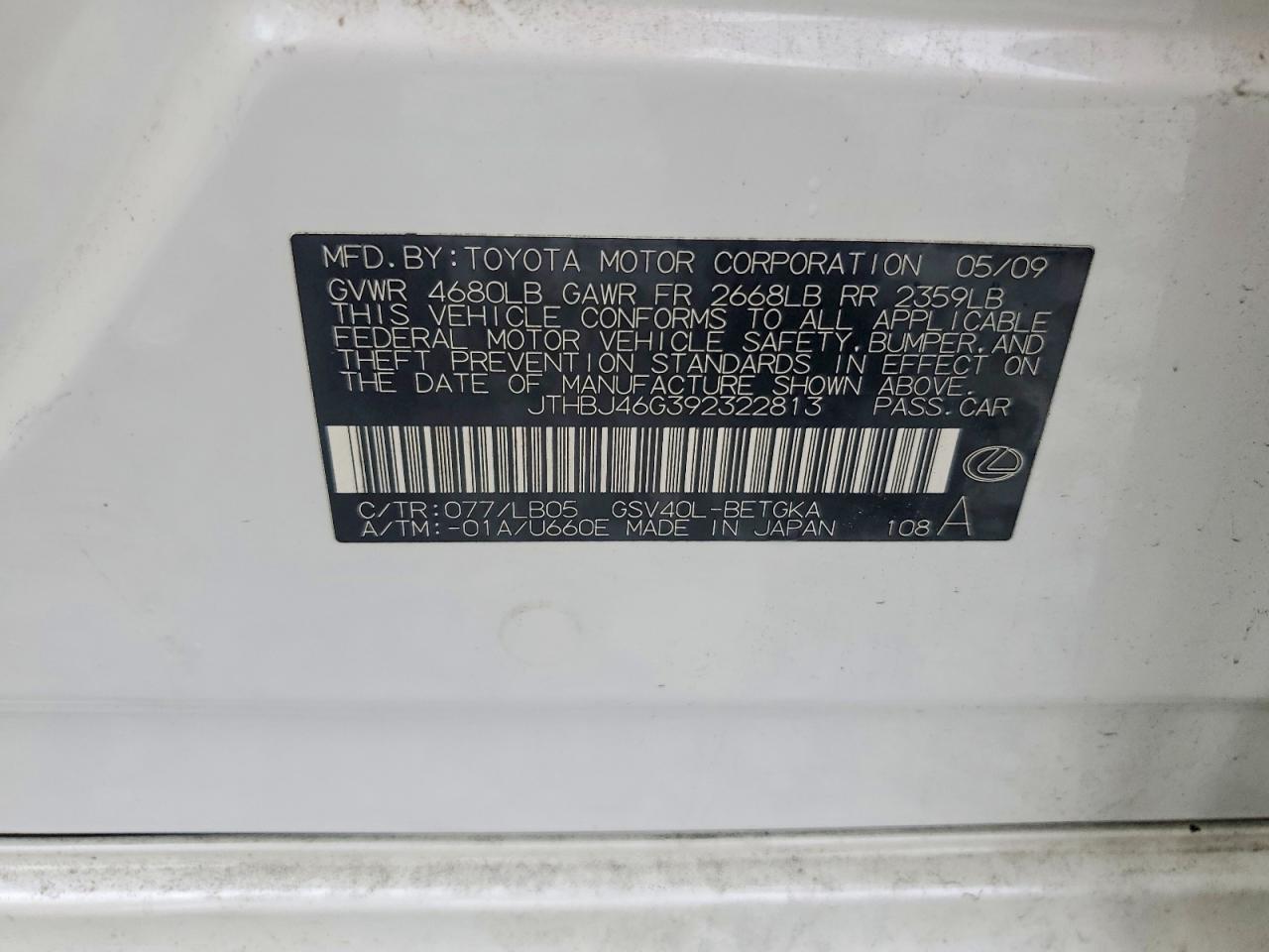 2009 Lexus Es 350 Белый vin: JTHBJ46G392322813
