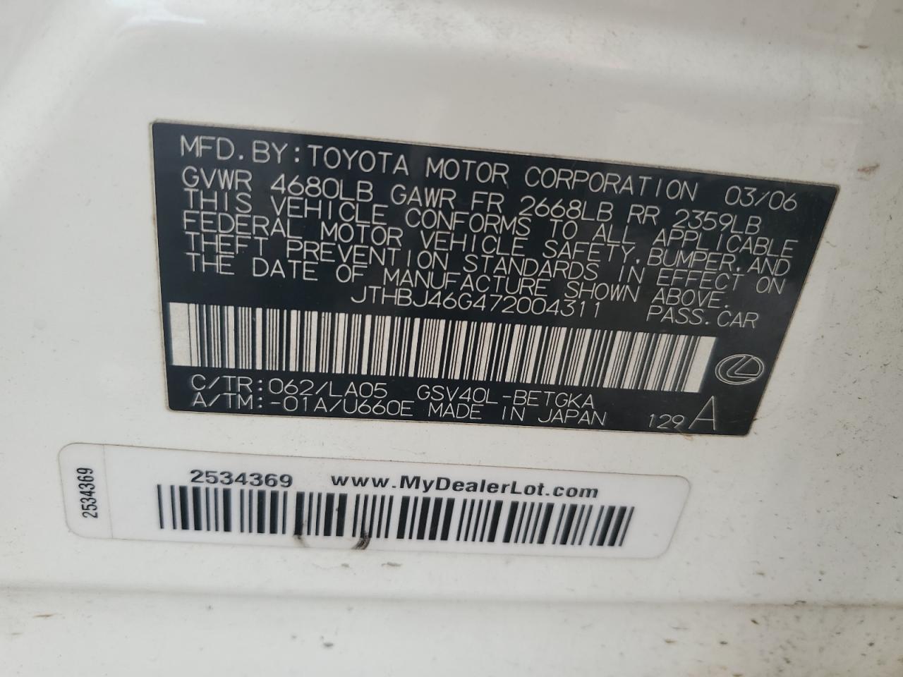 2007 Lexus Es 350 White vin: JTHBJ46G472004311