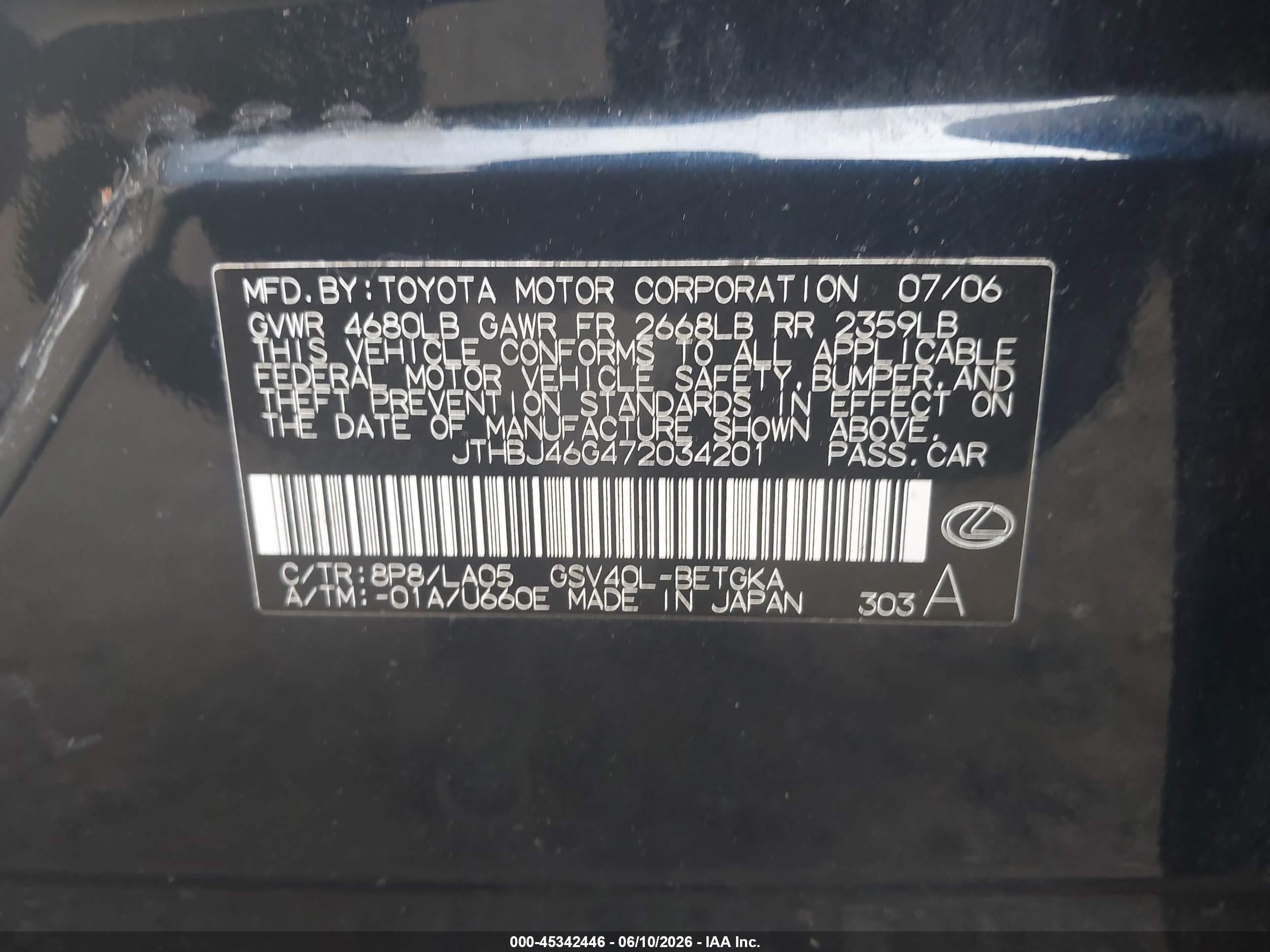 2007 Lexus Es 350   Синий vin: JTHBJ46G472034201