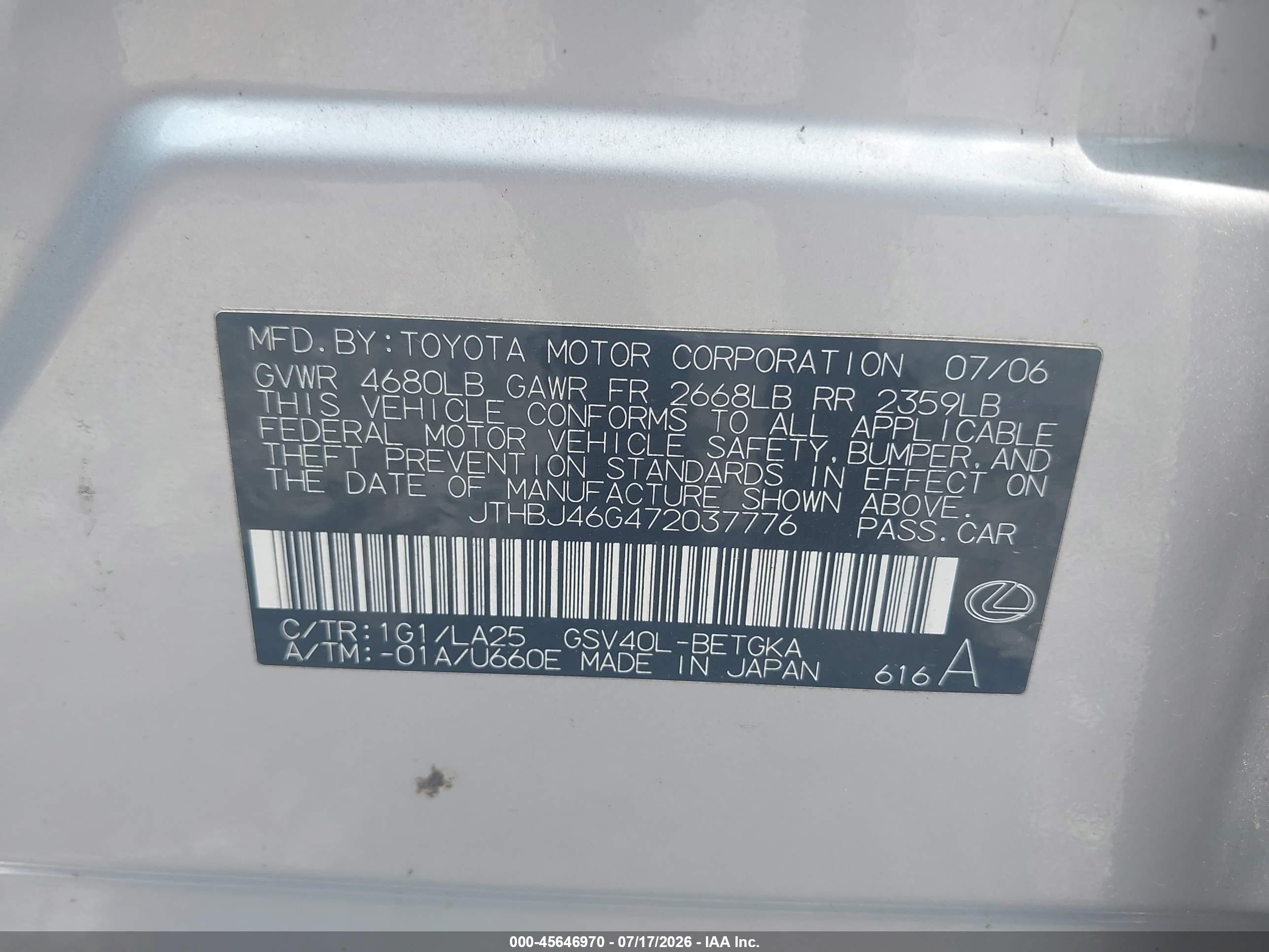 2007 Lexus Es 350   Silver vin: JTHBJ46G472037776