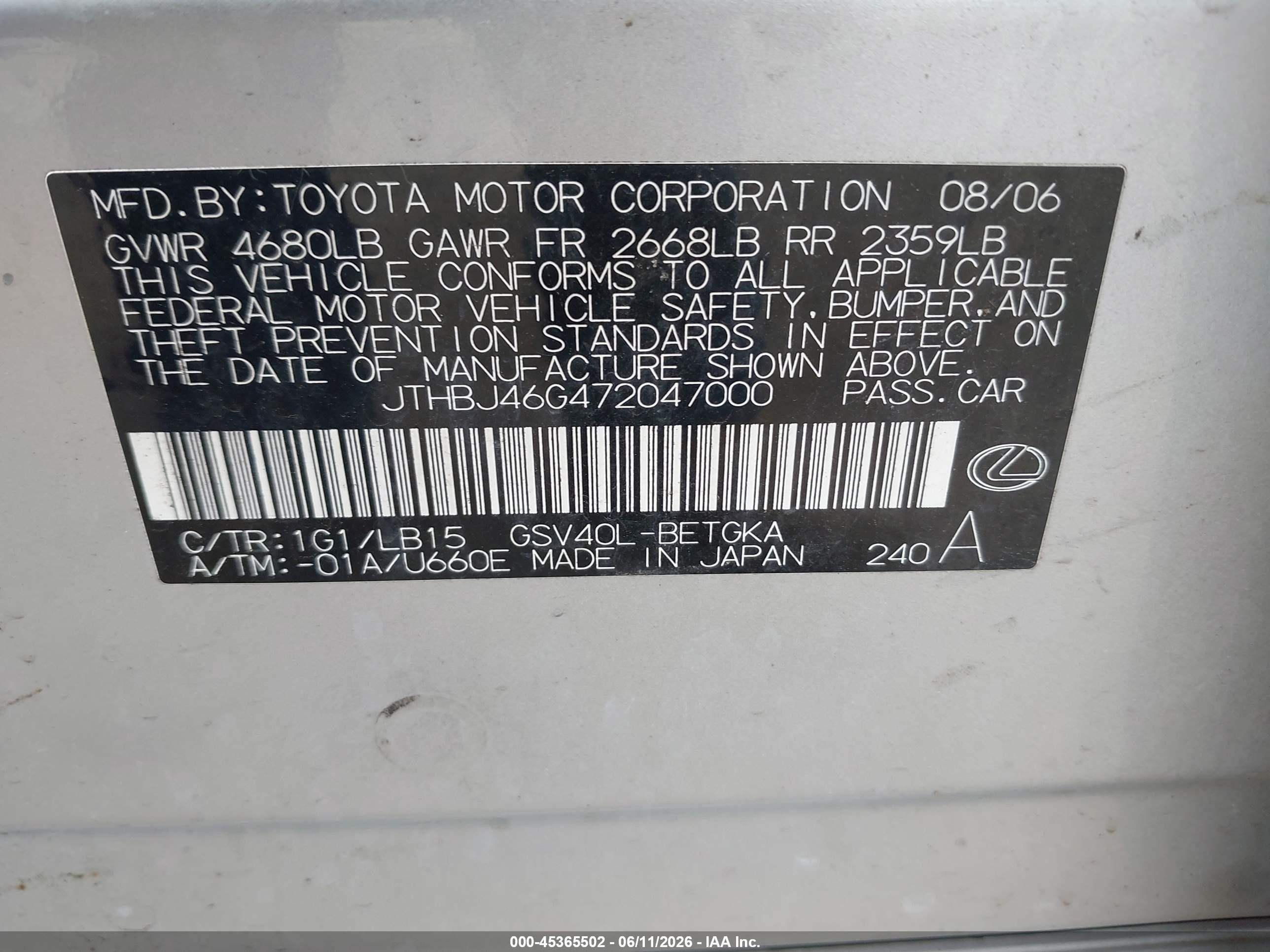 2007 Lexus Es 350   Silver vin: JTHBJ46G472047000