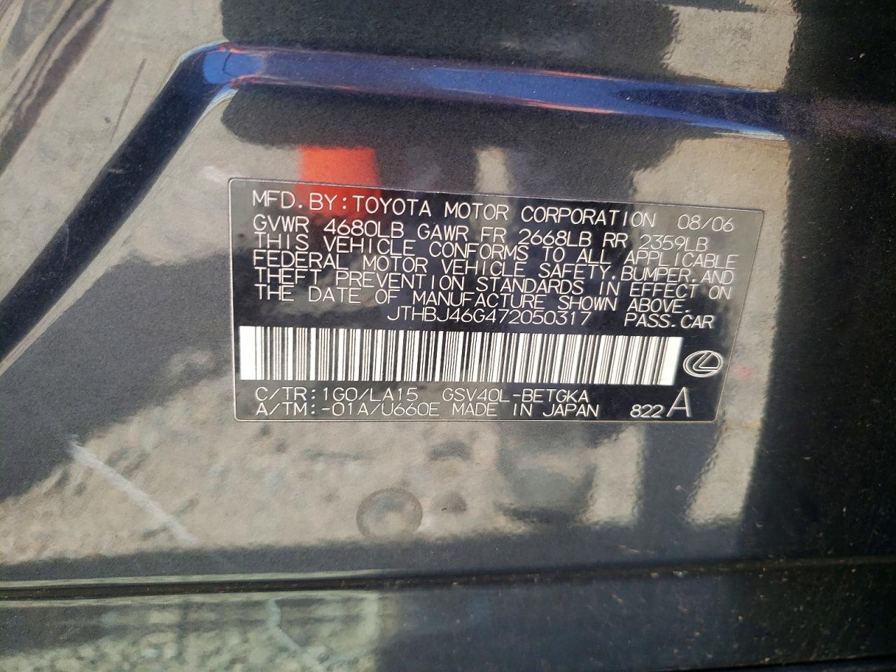 2007 Lexus Es 350 Черный vin: JTHBJ46G472050317