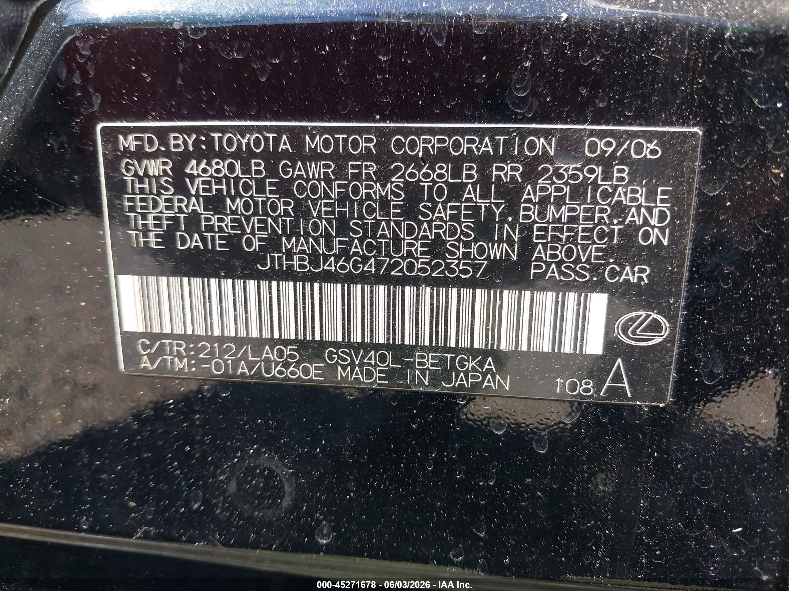 2007 Lexus Es 350   Черный vin: JTHBJ46G472052357