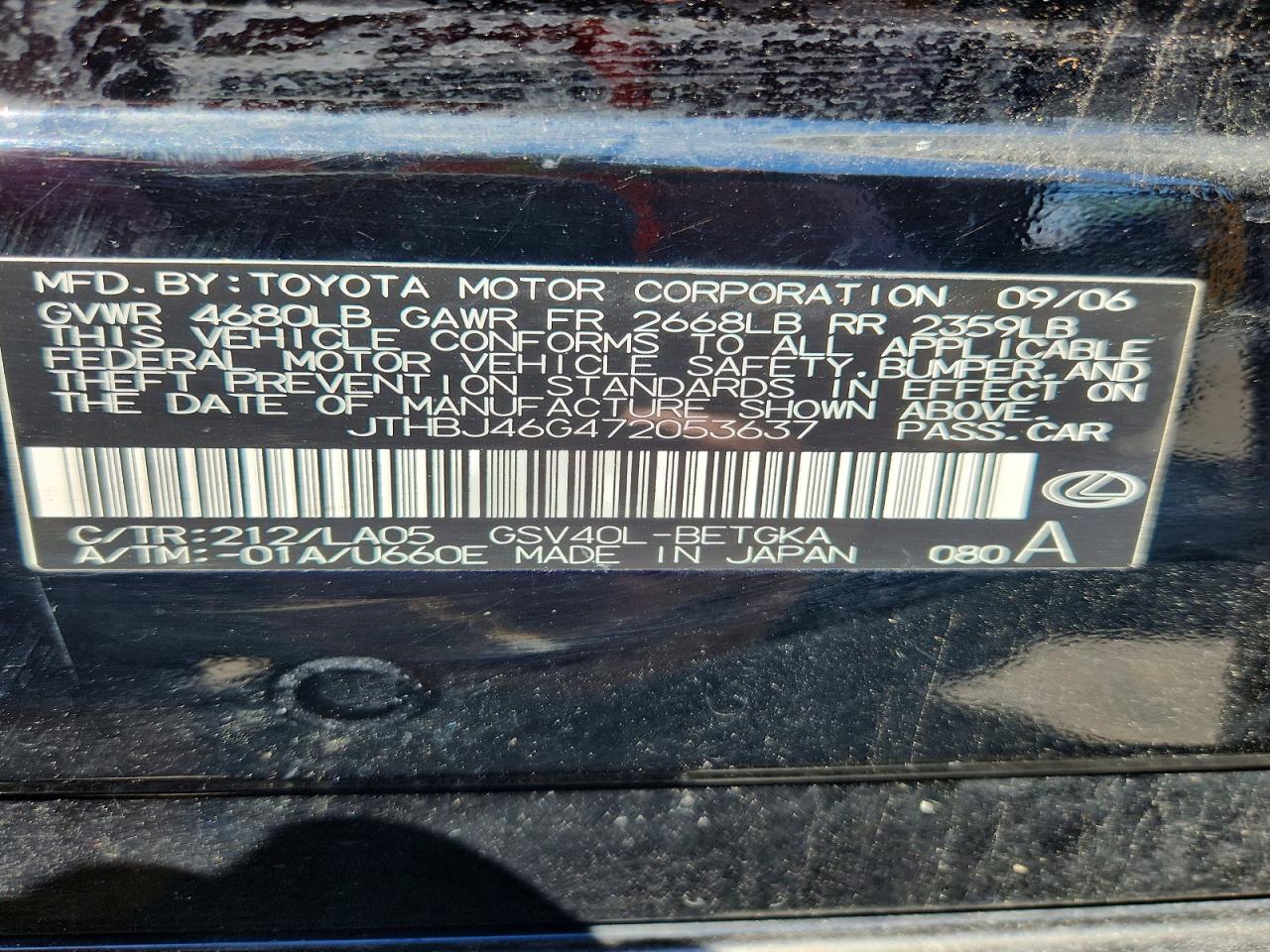 2007 Lexus Es 350 Black vin: JTHBJ46G472053637