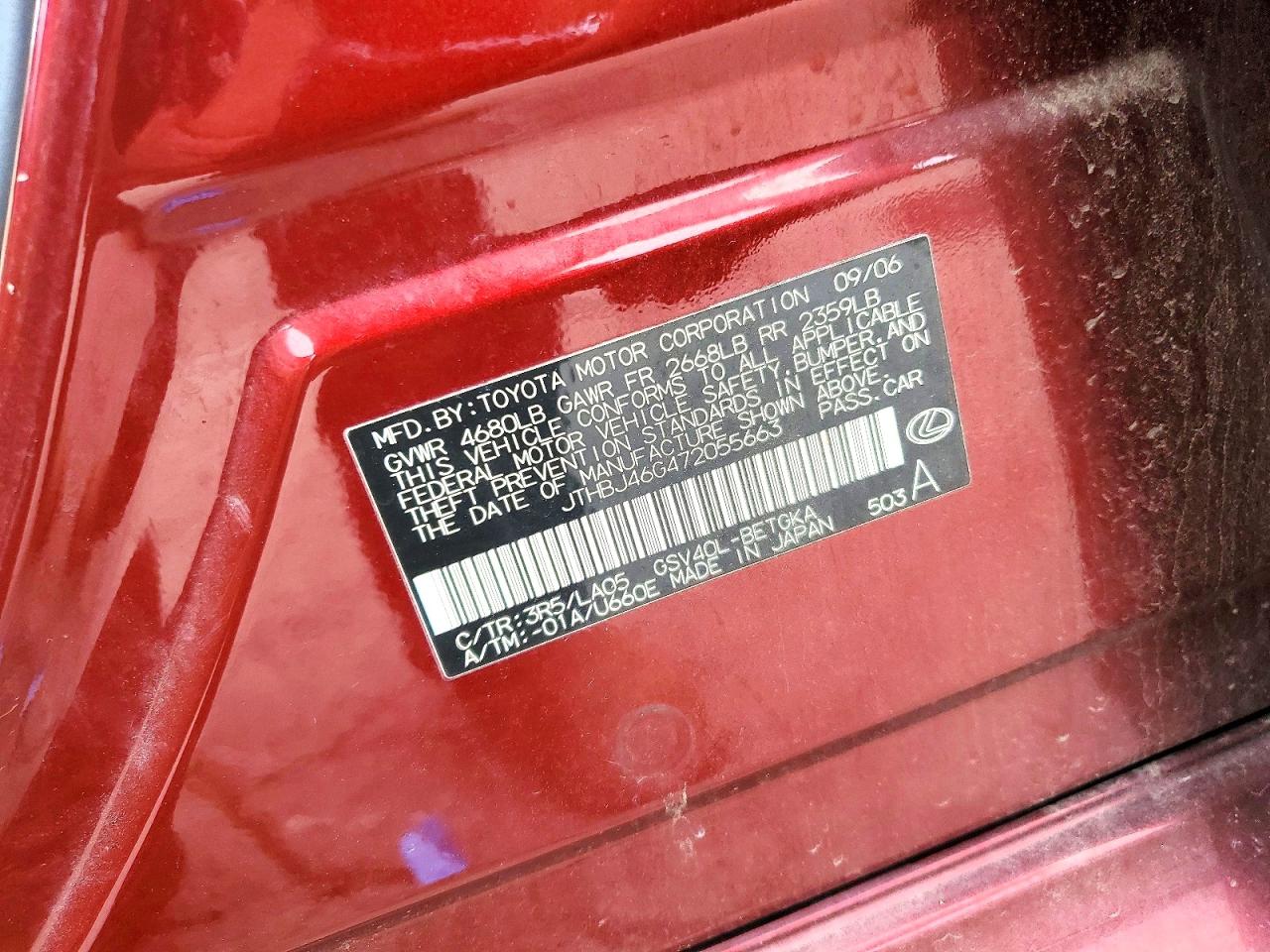 2007 Lexus Es 350 Red vin: JTHBJ46G472055663