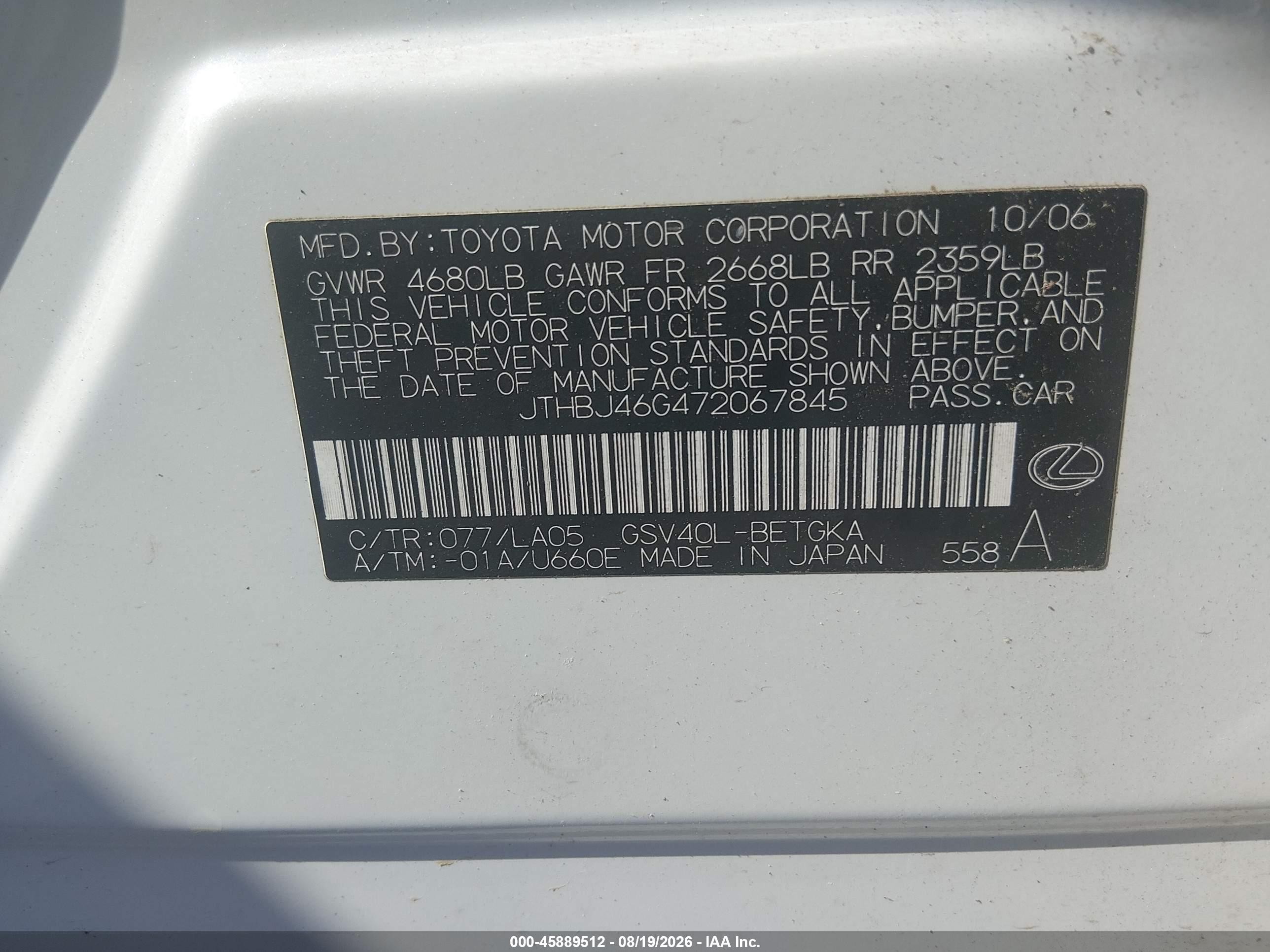 2007 Lexus Es 350 White vin: JTHBJ46G472067845