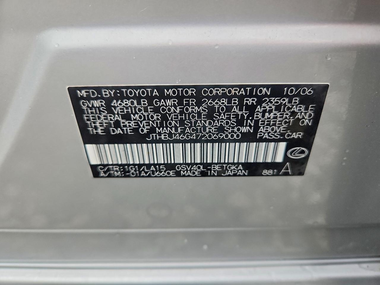 2007 Lexus Es 350 Silver vin: JTHBJ46G472069000