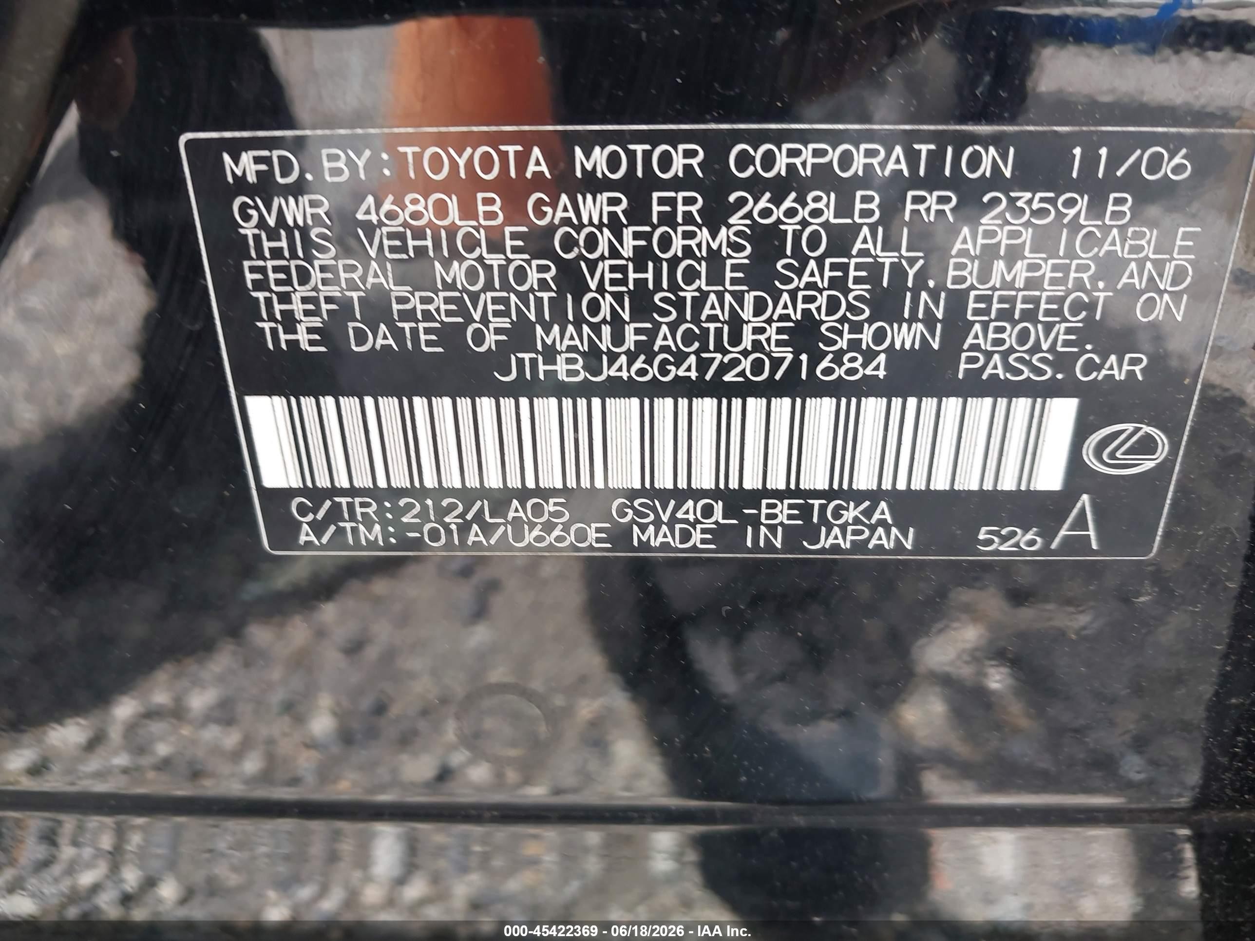 2007 Lexus Es 350   Black vin: JTHBJ46G472071684