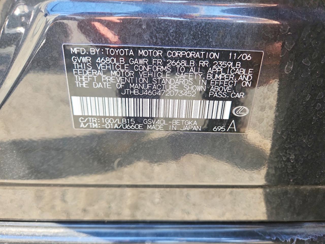 2007 Lexus Es 350 Gray vin: JTHBJ46G472073452