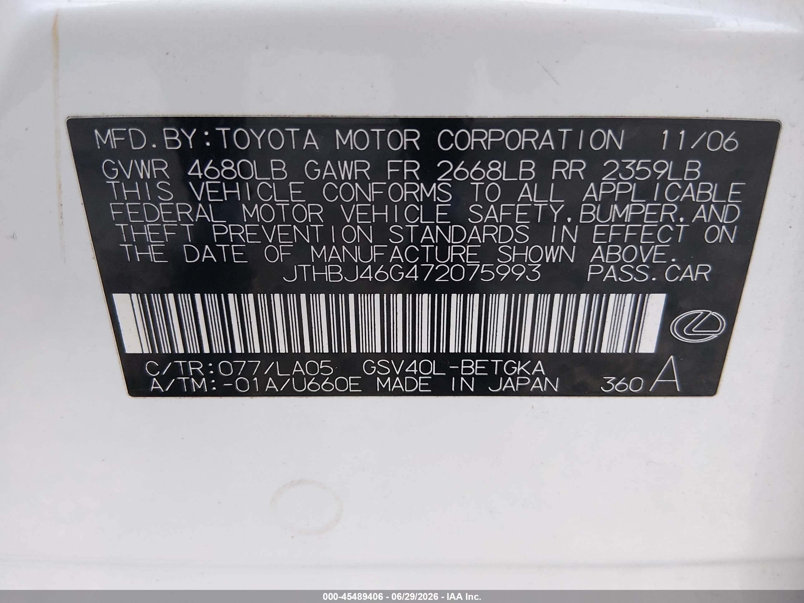 2007 Lexus Es 350   White vin: JTHBJ46G472075993
