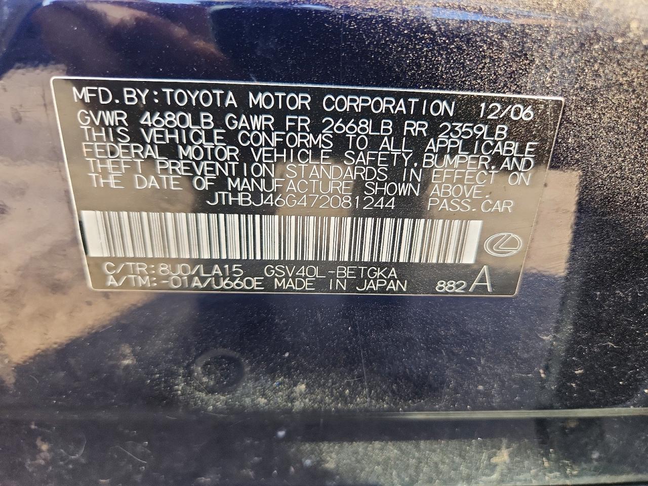 2007 Lexus Es 350 Blue vin: JTHBJ46G472081244