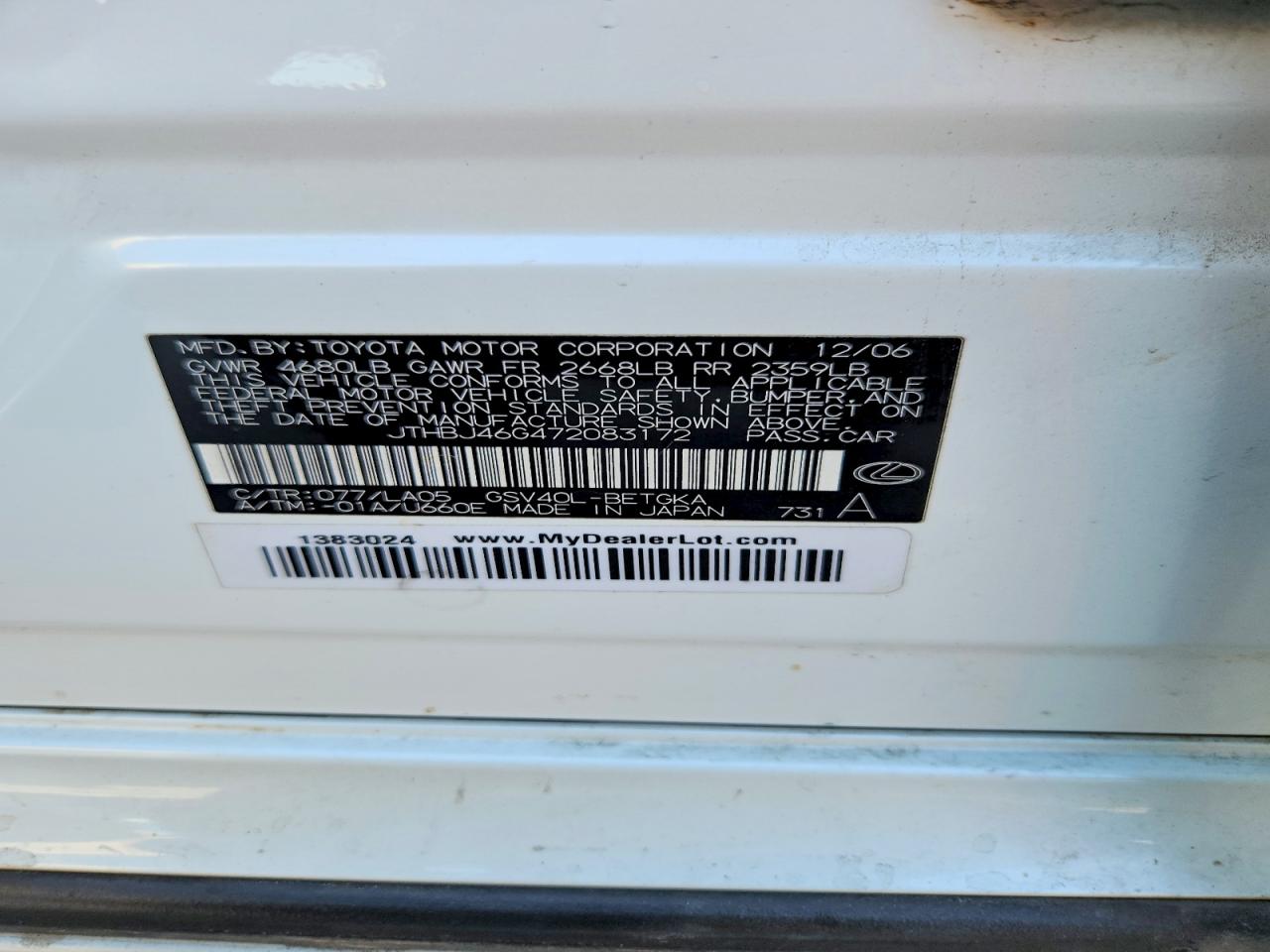 2007 Lexus Es 350 Белый vin: JTHBJ46G472083172