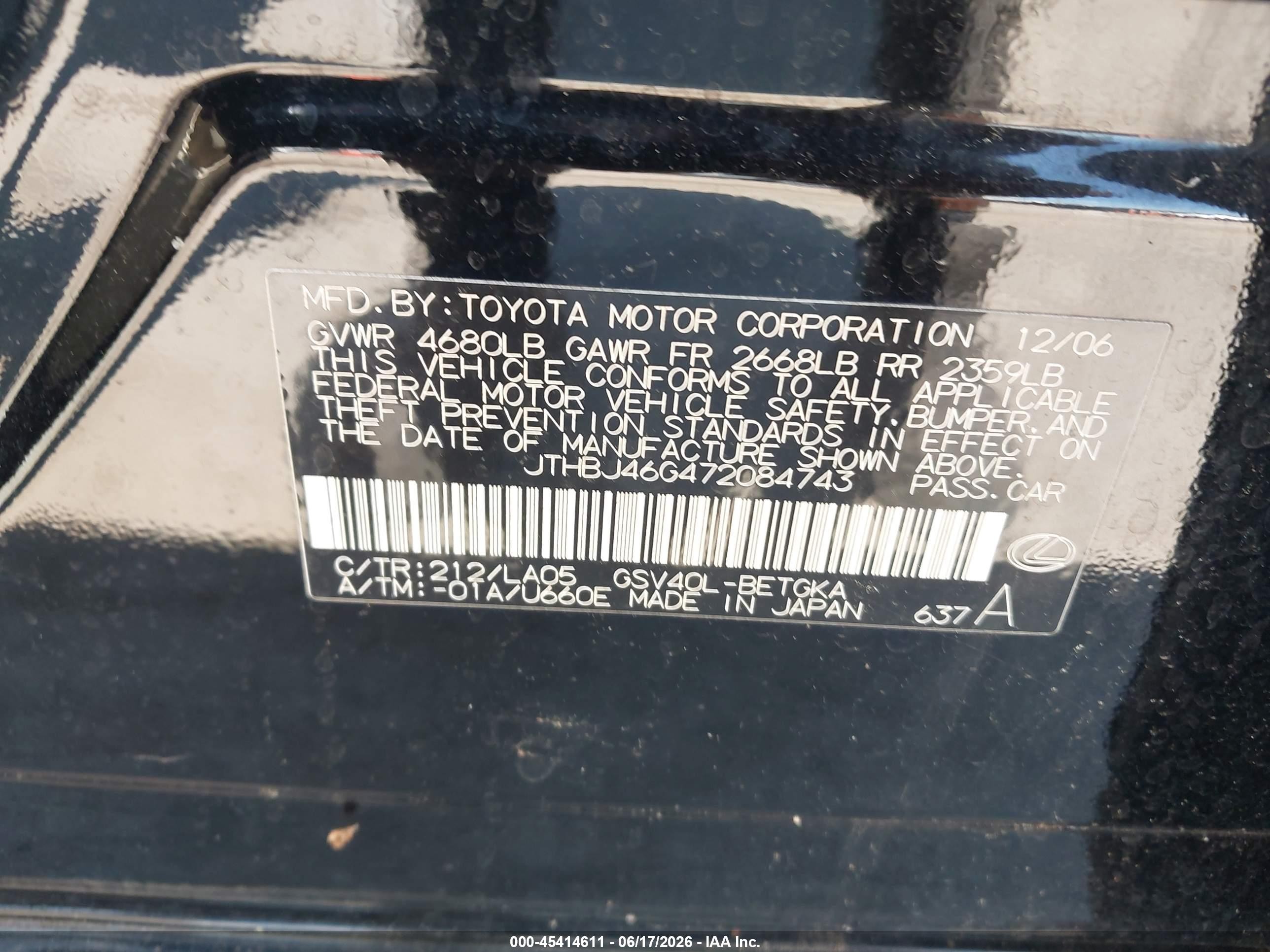 2007 Lexus Es 350   Black vin: JTHBJ46G472084743