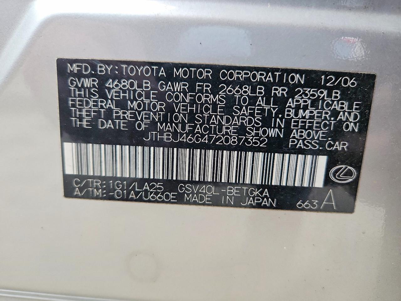 2007 Lexus Es 350 Silver vin: JTHBJ46G472087352