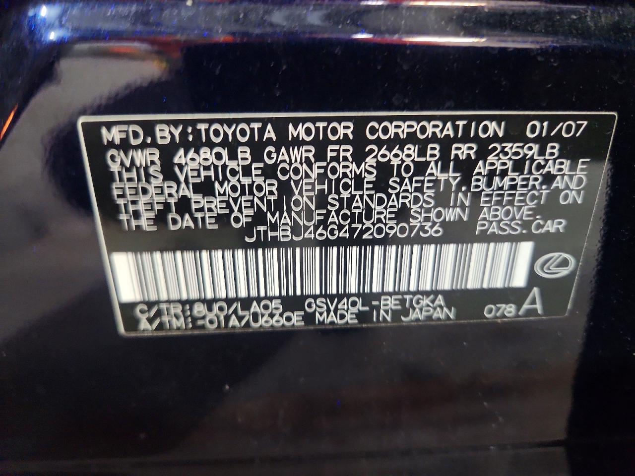 2007 Lexus Es 350 Blue vin: JTHBJ46G472090736