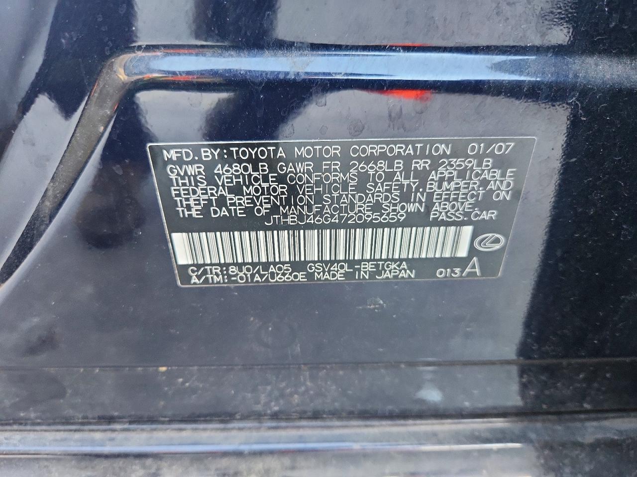 2007 Lexus Es 350 Blue vin: JTHBJ46G472095659